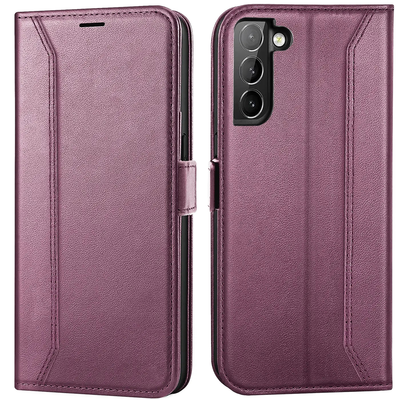 Lila Leder-Klapphülle mit RFID-Schutz, Vorder- und Rückansicht, für Samsung Galaxy S22.