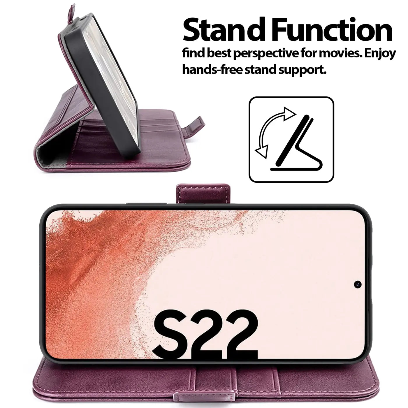 Dunkelrote Leder-Klapphülle mit Ständerfunktion für Samsung Galaxy S22, Seitenansicht.