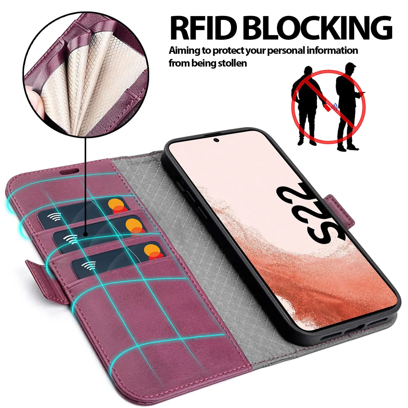 Lila Leder-Klapphülle mit Kartenfächern für Samsung Galaxy S22, Nahaufnahme.