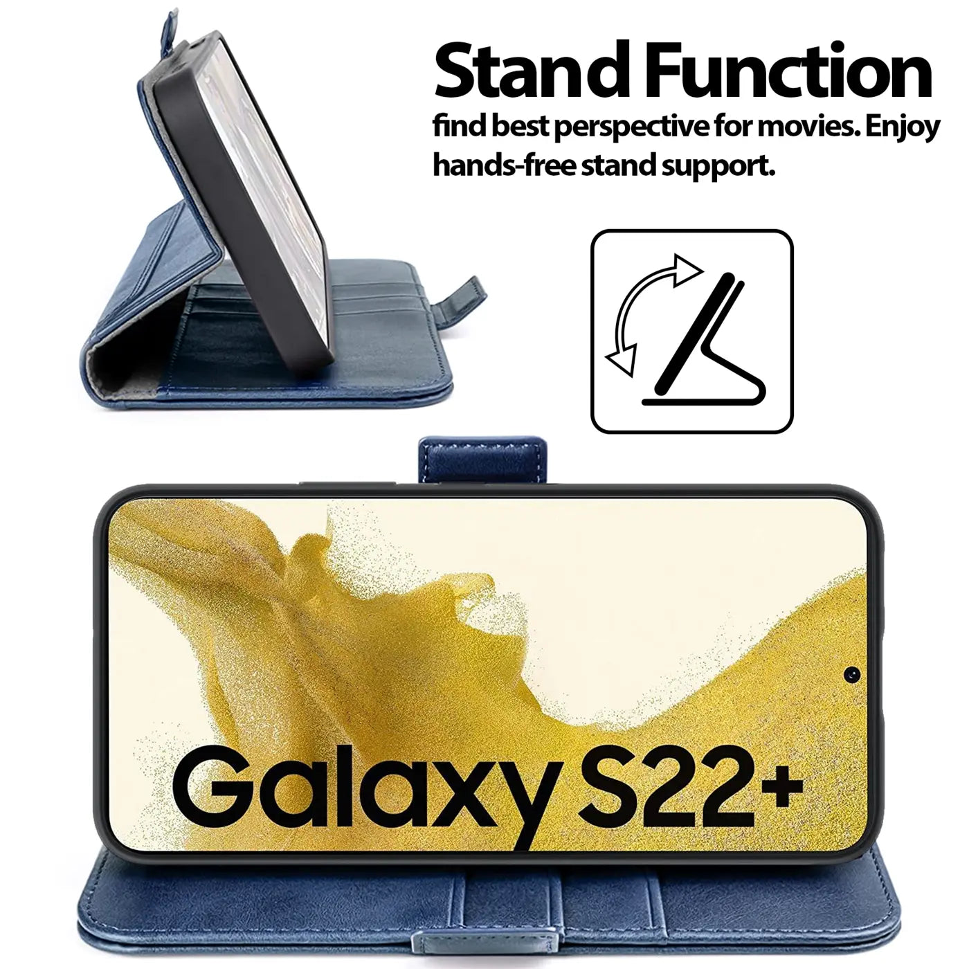 Blaue Lederhülle mit Standfunktion für Samsung Galaxy S22+, von vorne und seitlich gezeigt.