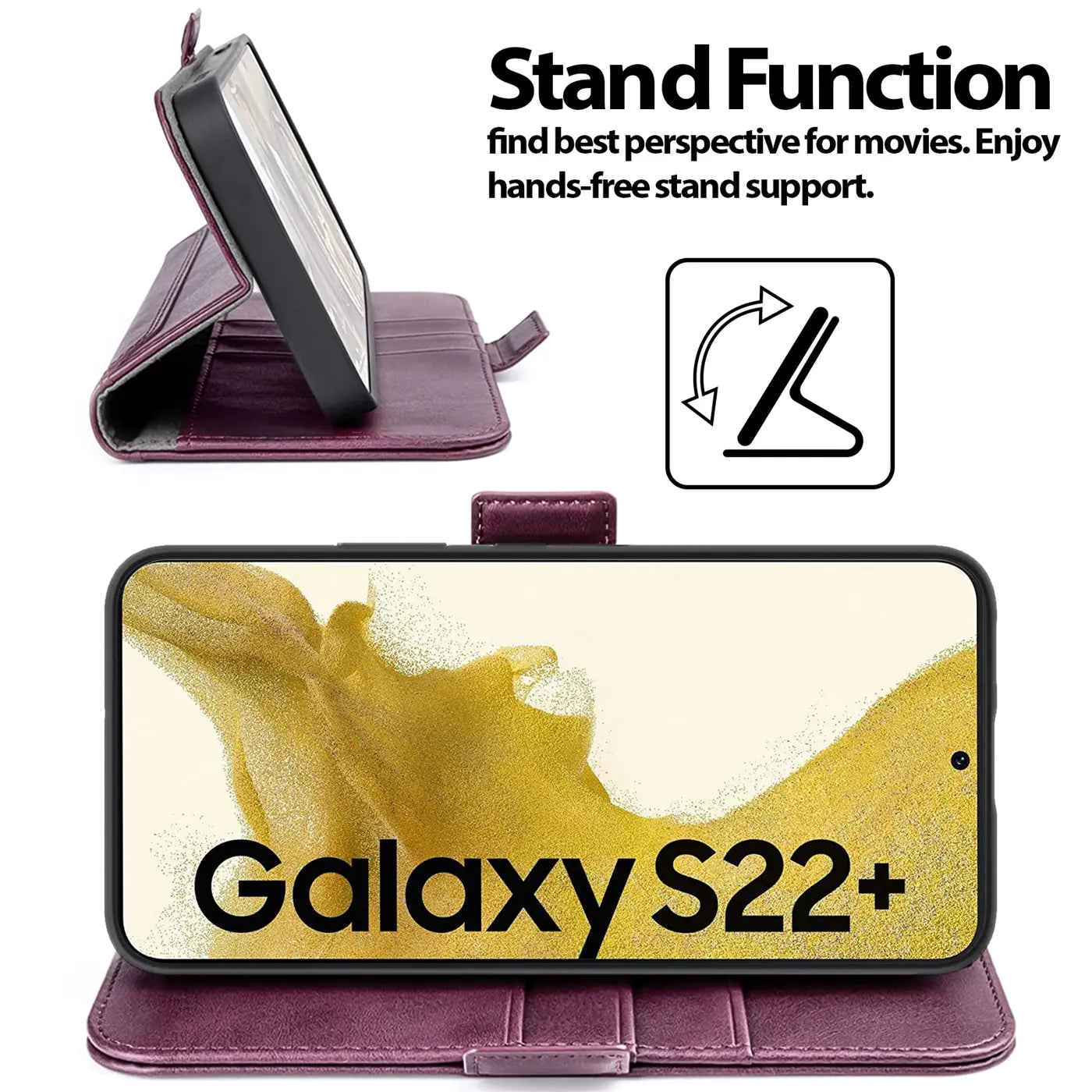 Dunkelrote Leder-Klapphülle mit Standfunktion für Samsung Galaxy S22 Plus.