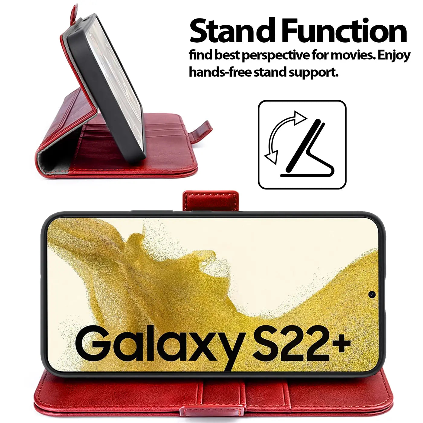 Rote Lederhülle für Samsung Galaxy S22 Plus, seitliche Ansicht, aufgestellt.