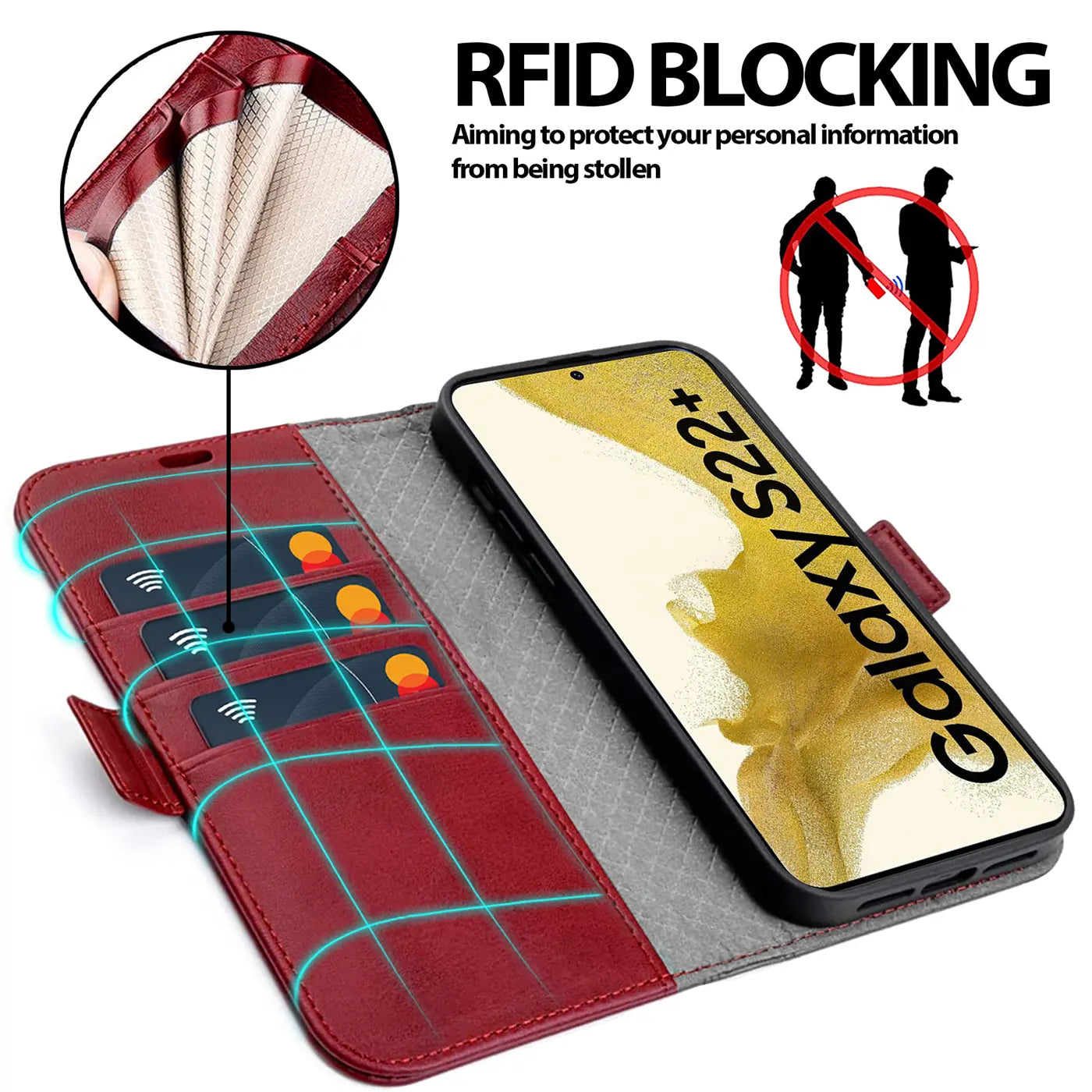Rote Leder-Klapphülle mit Kartenfächern, Samsung Galaxy S22+ im Inneren.