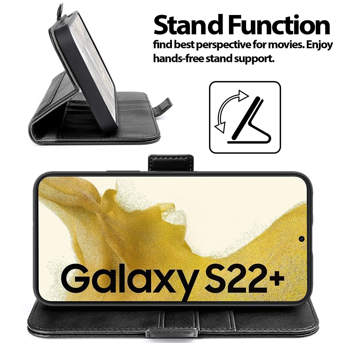 Schwarze Leder-Klapphülle mit Standfunktion für Samsung Galaxy S22+, von vorne und Seite