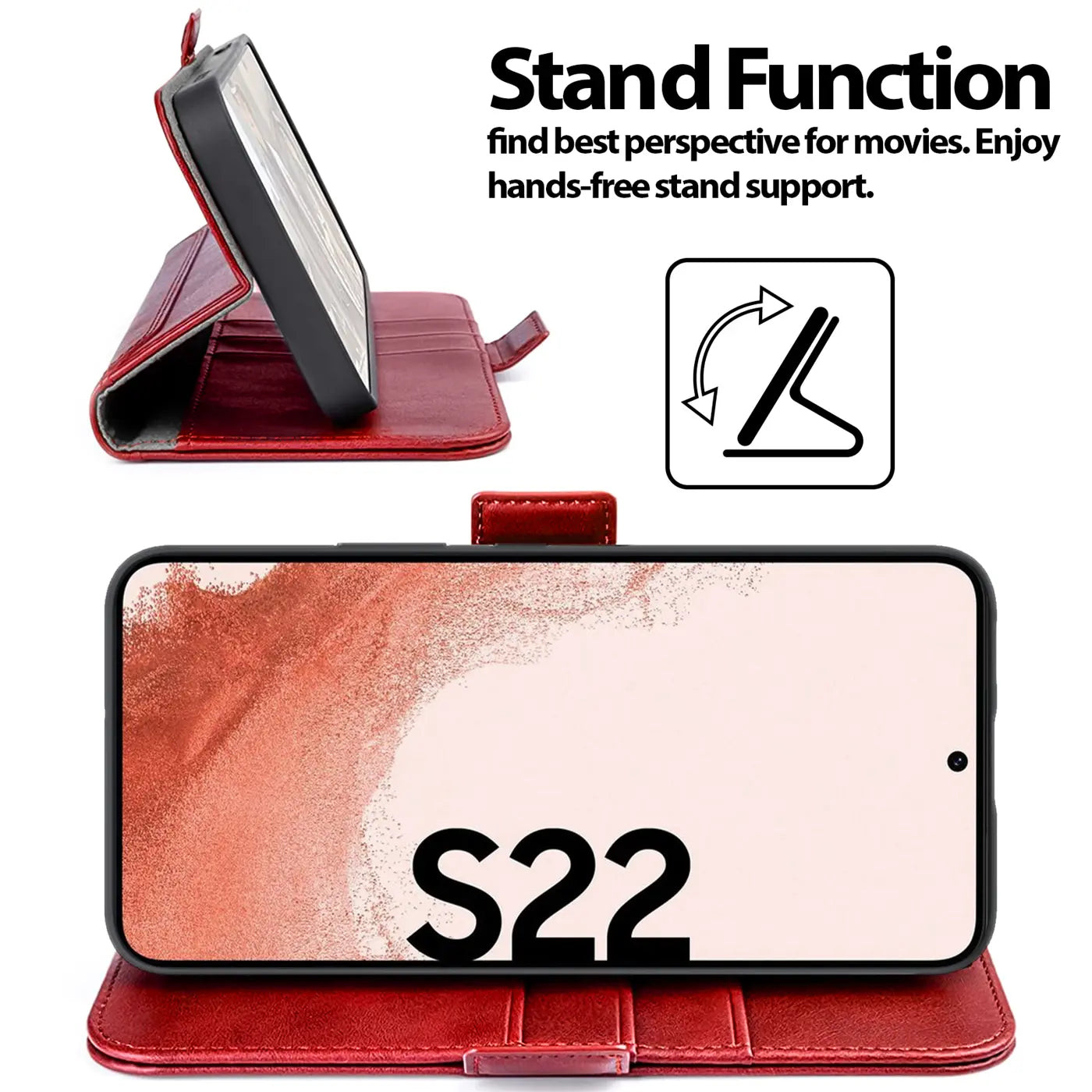 Rote Leder-Klapphülle mit Ständerfunktion für Samsung Galaxy S22, Seitenansicht und Frontansicht