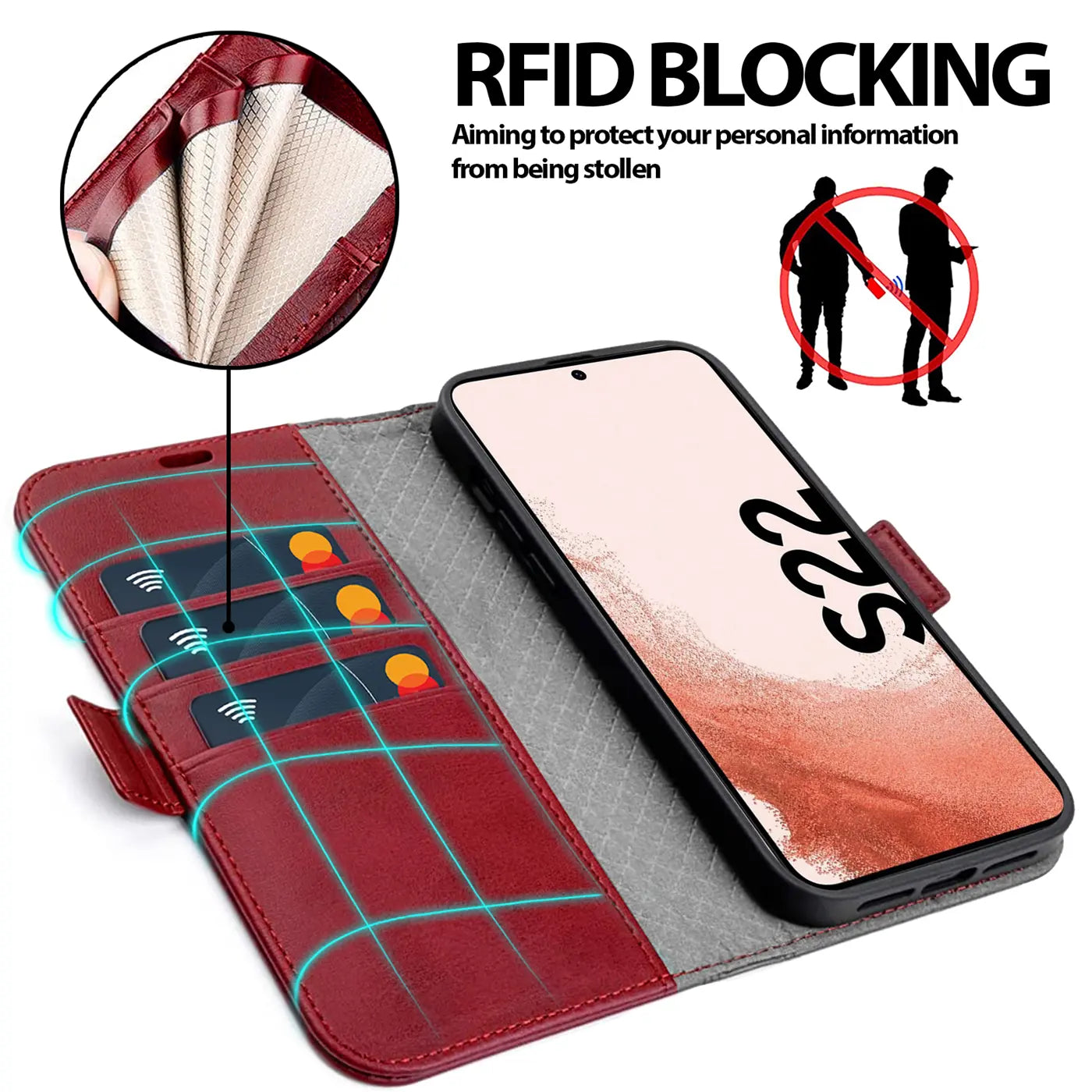 Rote Leder-Klapphülle mit Kartenfächern und Samsung Galaxy S22.