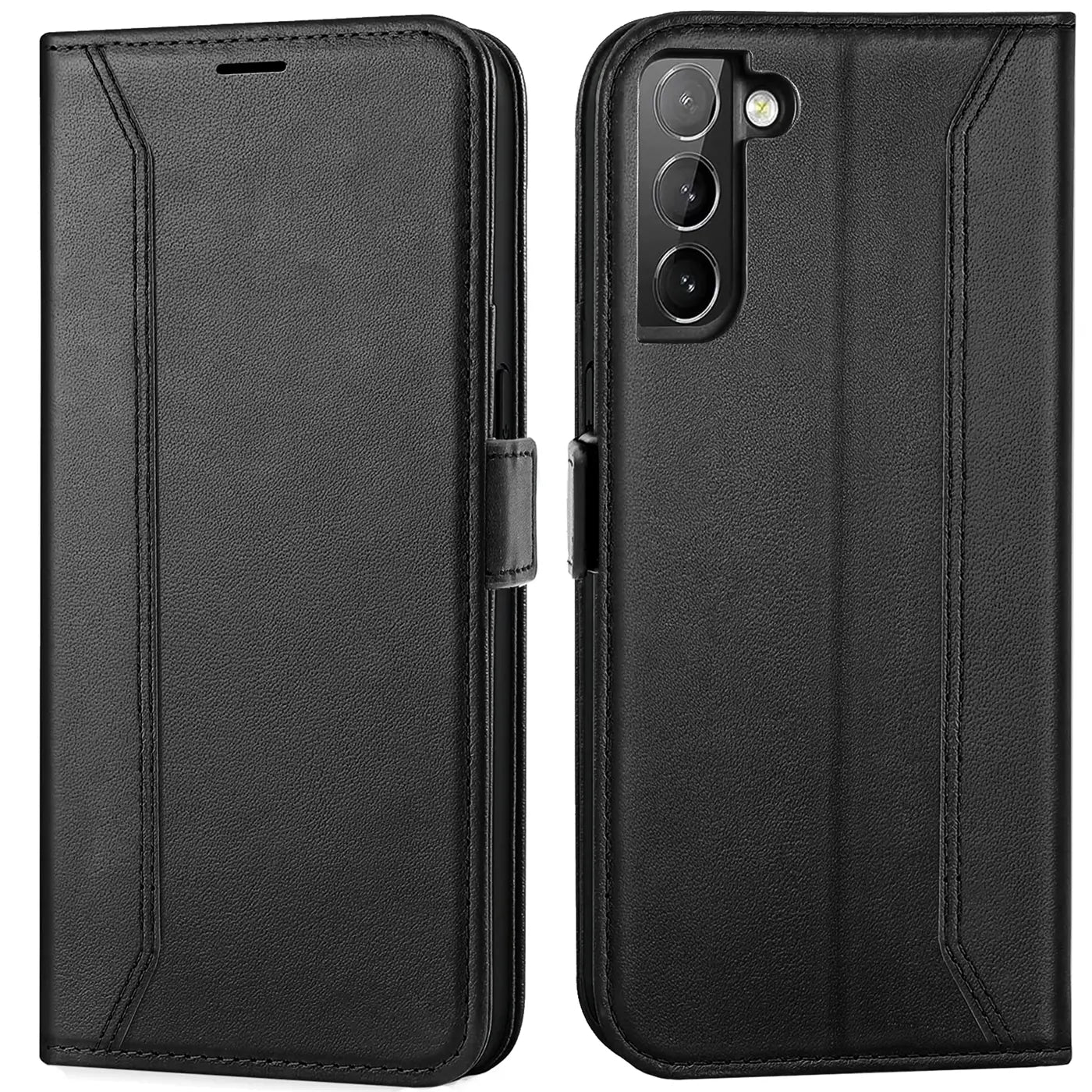 Schwarze Leder-Klapphülle mit RFID-Schutz für Samsung Galaxy S22, Vorder- und Rückansicht.