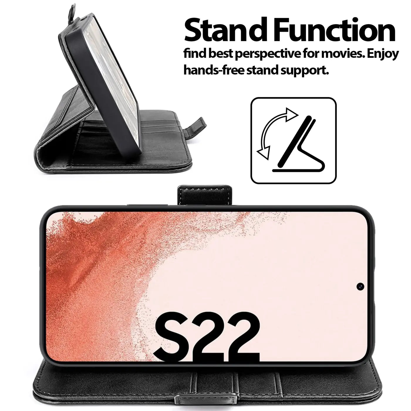 Schwarze Leder-Klapphülle mit Ständerfunktion für Samsung Galaxy S22, Seitenansicht und Frontansicht.