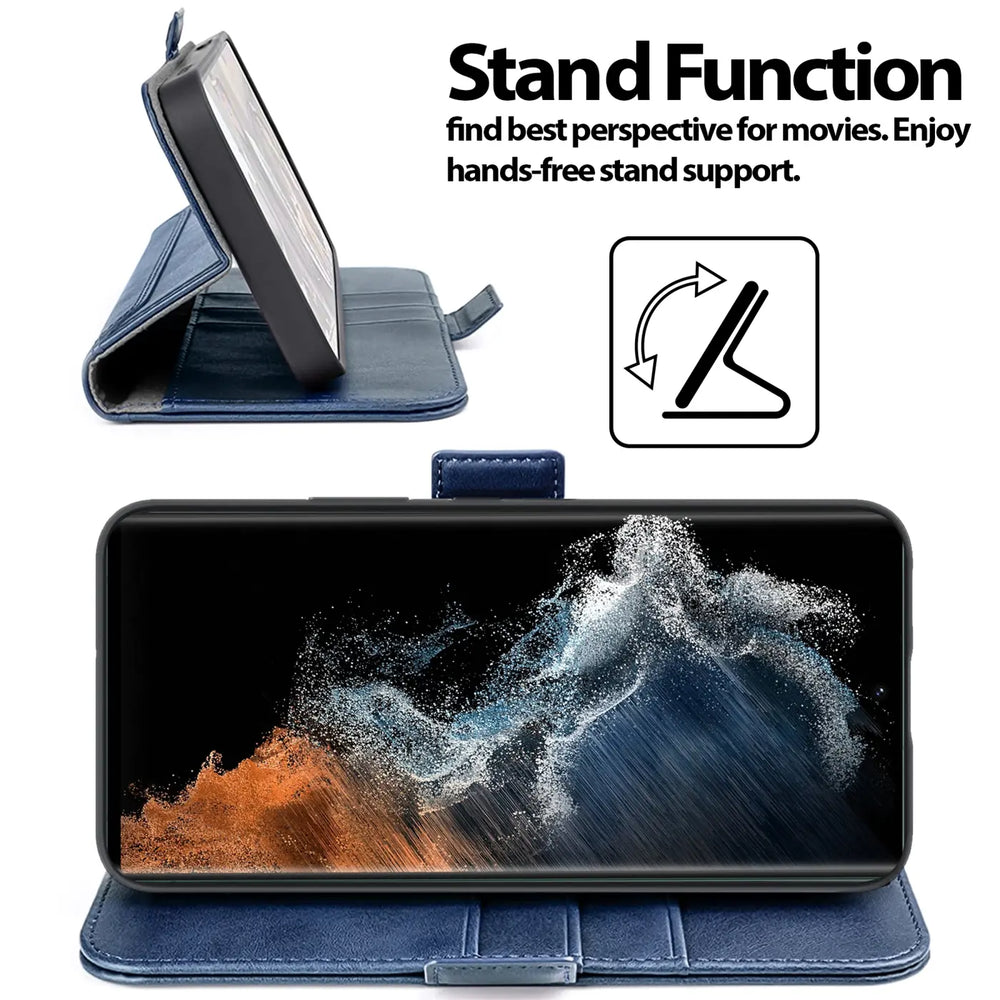Blaue Kunstleder-Klapphülle für Samsung S22 Ultra, Seitenansicht und Frontansicht.