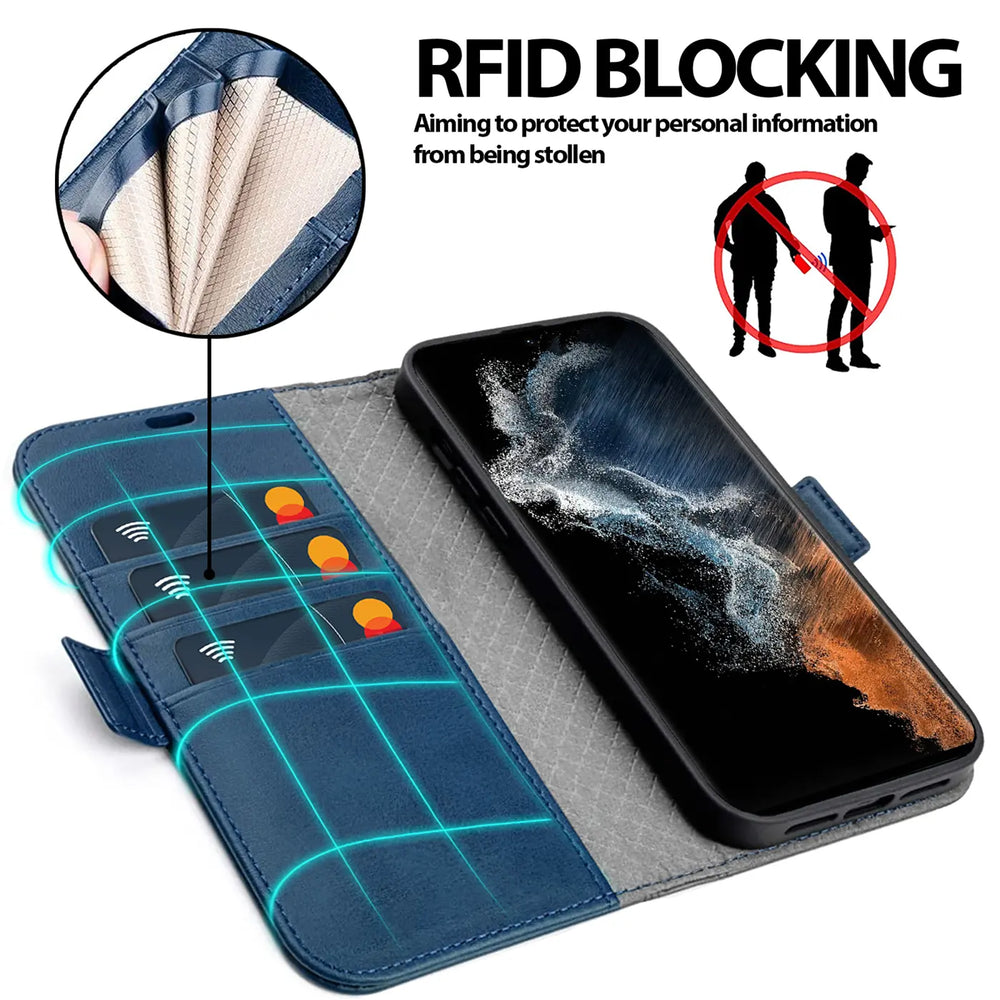Blaue Leder-Klapphülle mit Kartenfächern und Samsung Galaxy S22 Ultra, von oben.