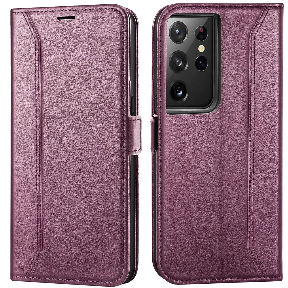 Lila Leder-Klapphülle für Samsung S22 Ultra, Vorder- und Rückansicht.