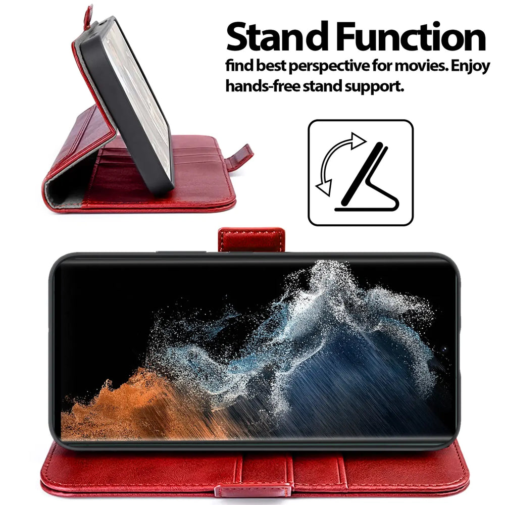 Rote Leder-Klapphülle, Samsung S22 Ultra, Seitenansicht und Frontansicht.