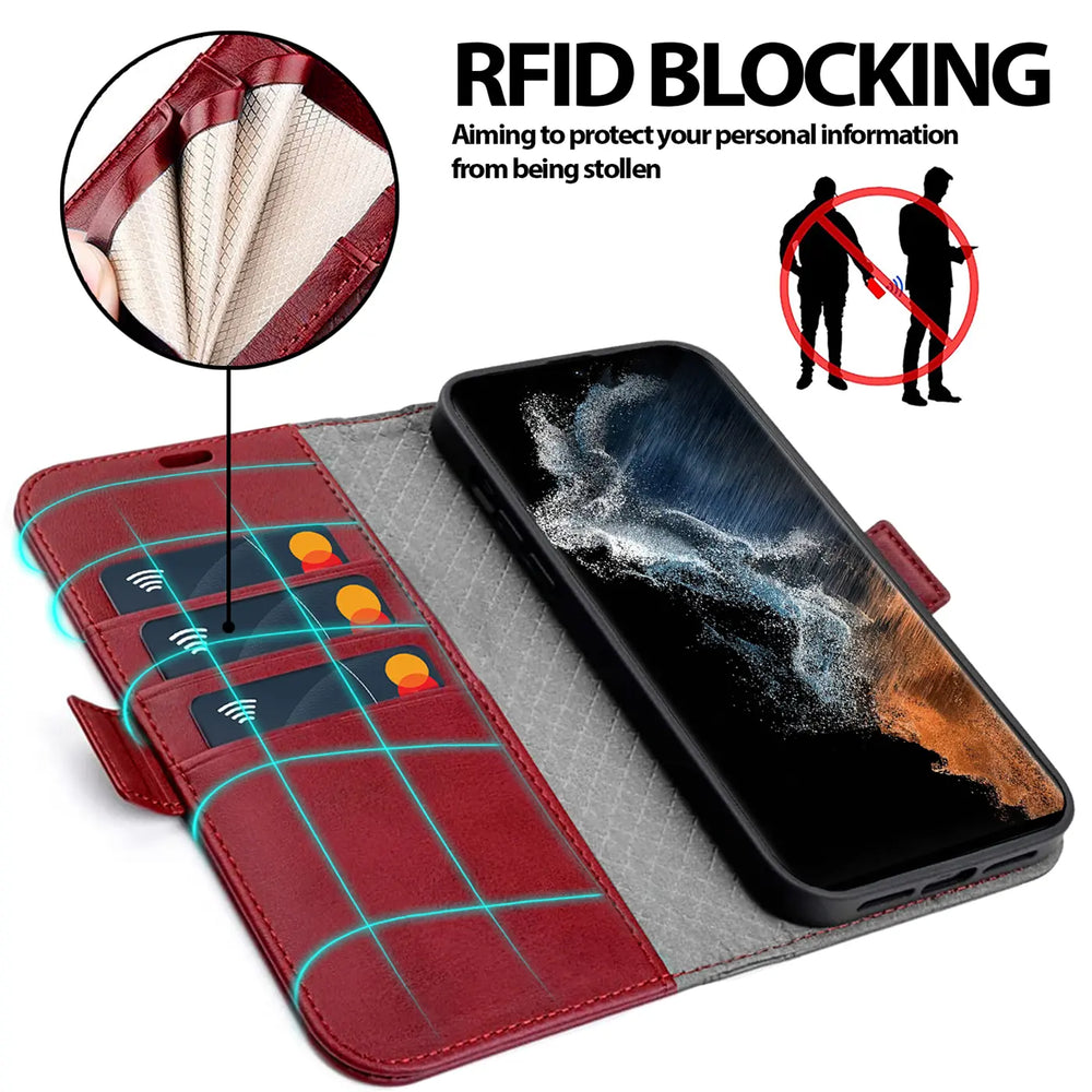 Rote Leder-Klapphülle mit Kartenfächern und Samsung S22 Ultra.