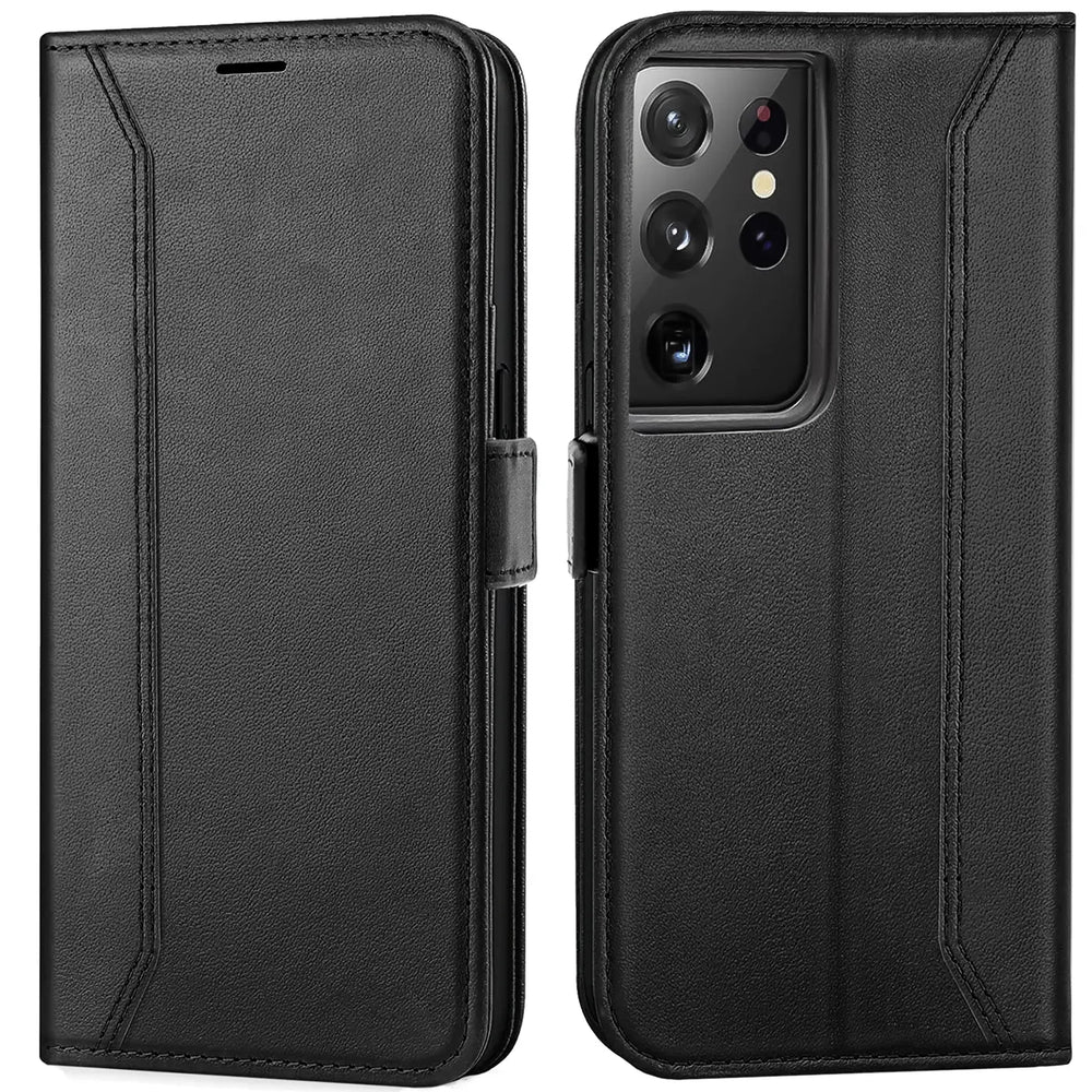 Schwarze Leder-Klapphülle mit RFID-Schutz für Samsung Galaxy S22 Ultra, Vorder- und Rückansicht.