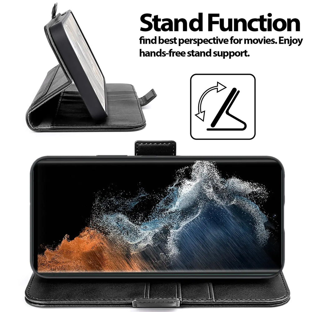 Schwarze Leder-Klapphülle mit Ständerfunktion für Samsung Galaxy S22 Ultra, Seitenansicht.