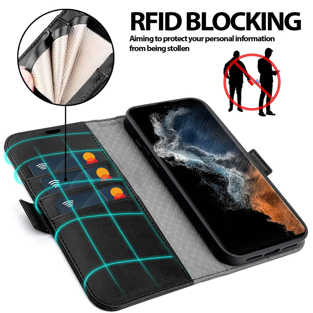 Schwarze Leder-Klapphülle mit Kartenfächern, Samsung Galaxy S22 Ultra, von oben links