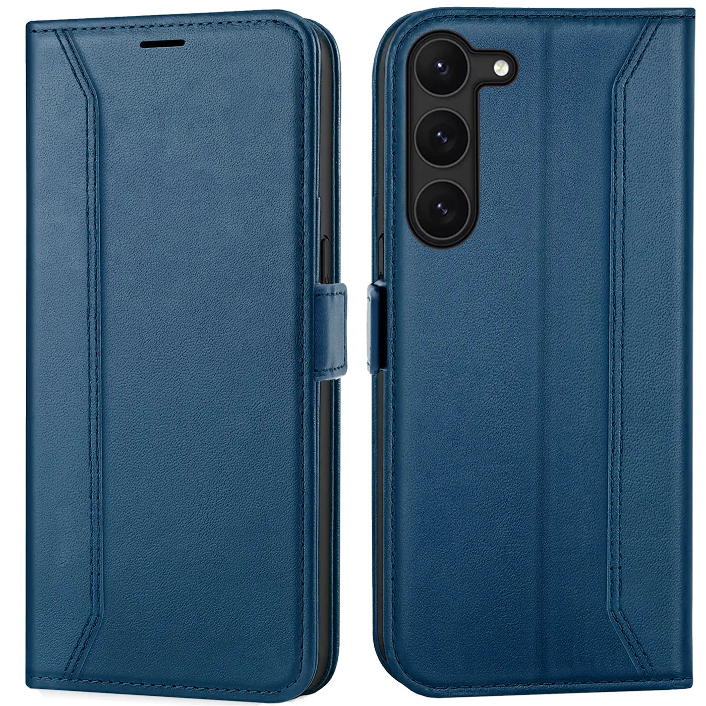 Blaue Leder-Klapphülle mit RFID-Schutz für Samsung Galaxy S23, Vorder- und Rückansicht.