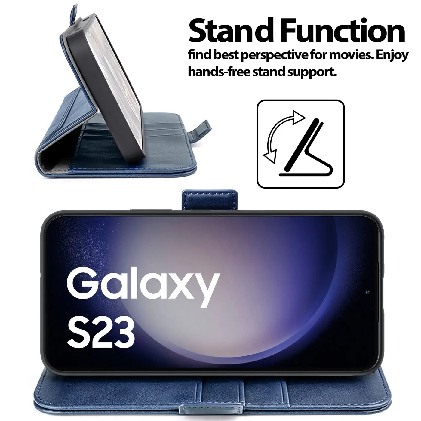 Dunkelblaue Leder-Klapphülle für Samsung Galaxy S23, Seitenansicht, aufgestellt