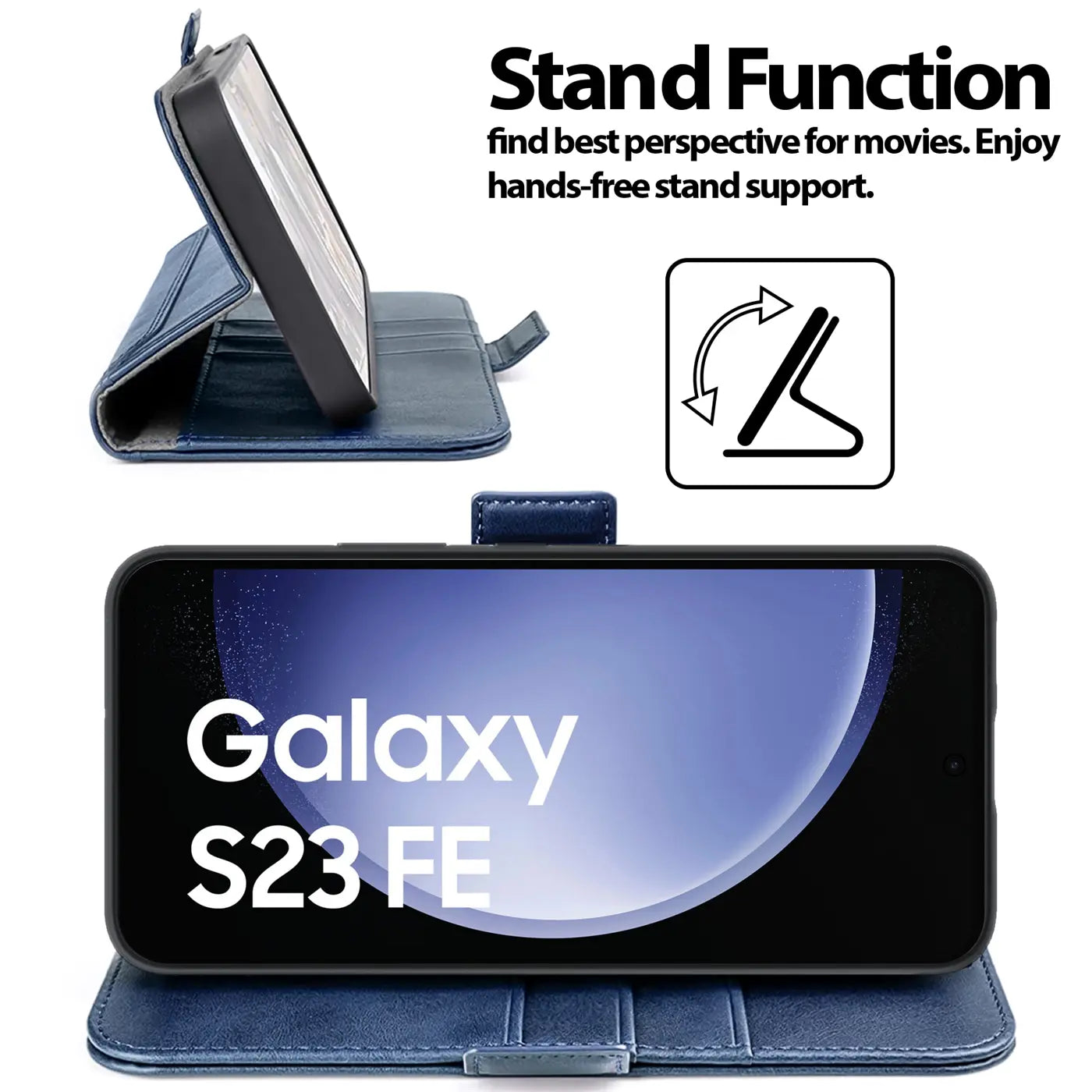 Blaue Kunstleder-Klapphülle, aufgestellt, zeigt Samsung Galaxy S23 FE.