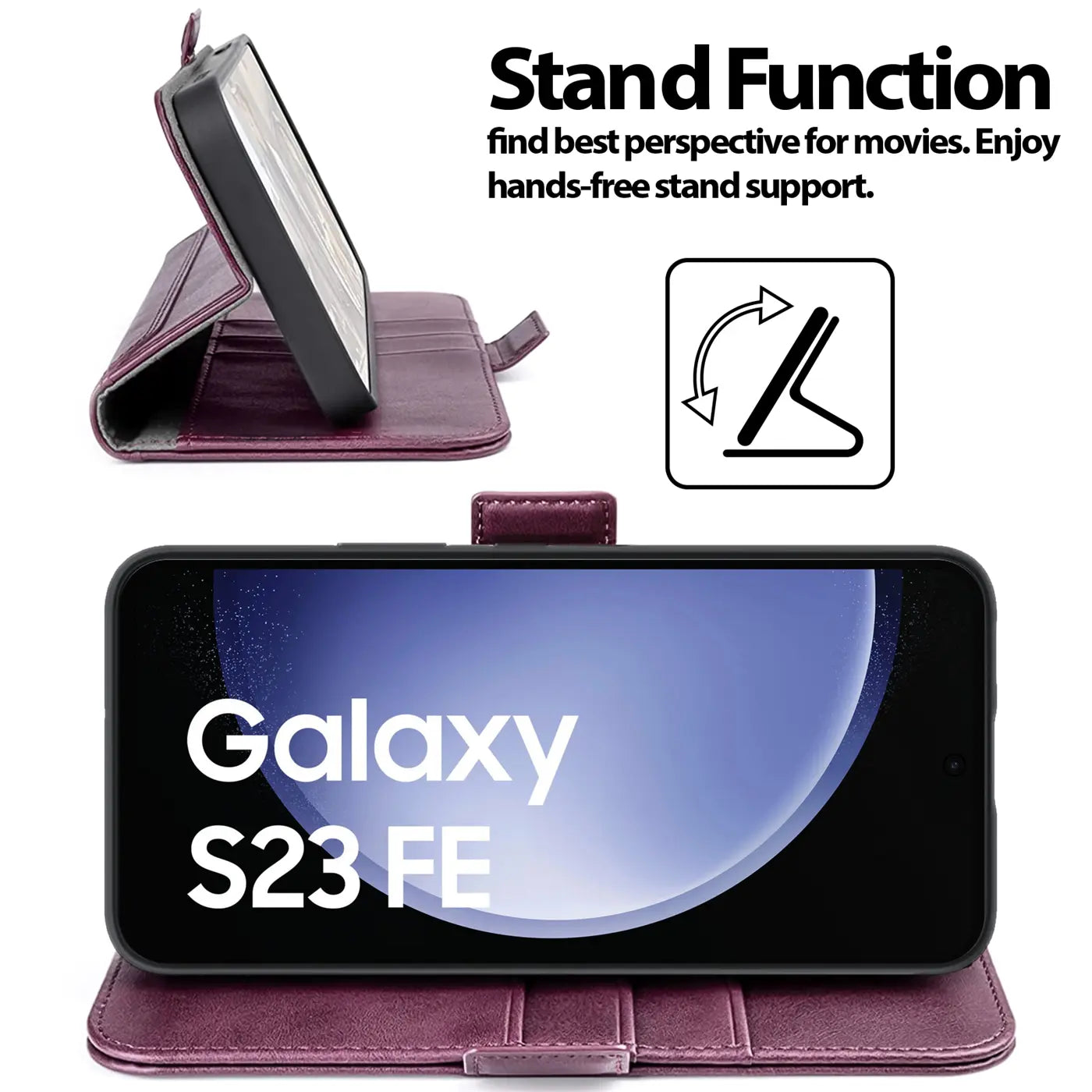 Samsung Galaxy S23 FE in bordeauxroter Kunstleder-Klapphülle, von vorne und schräg.
