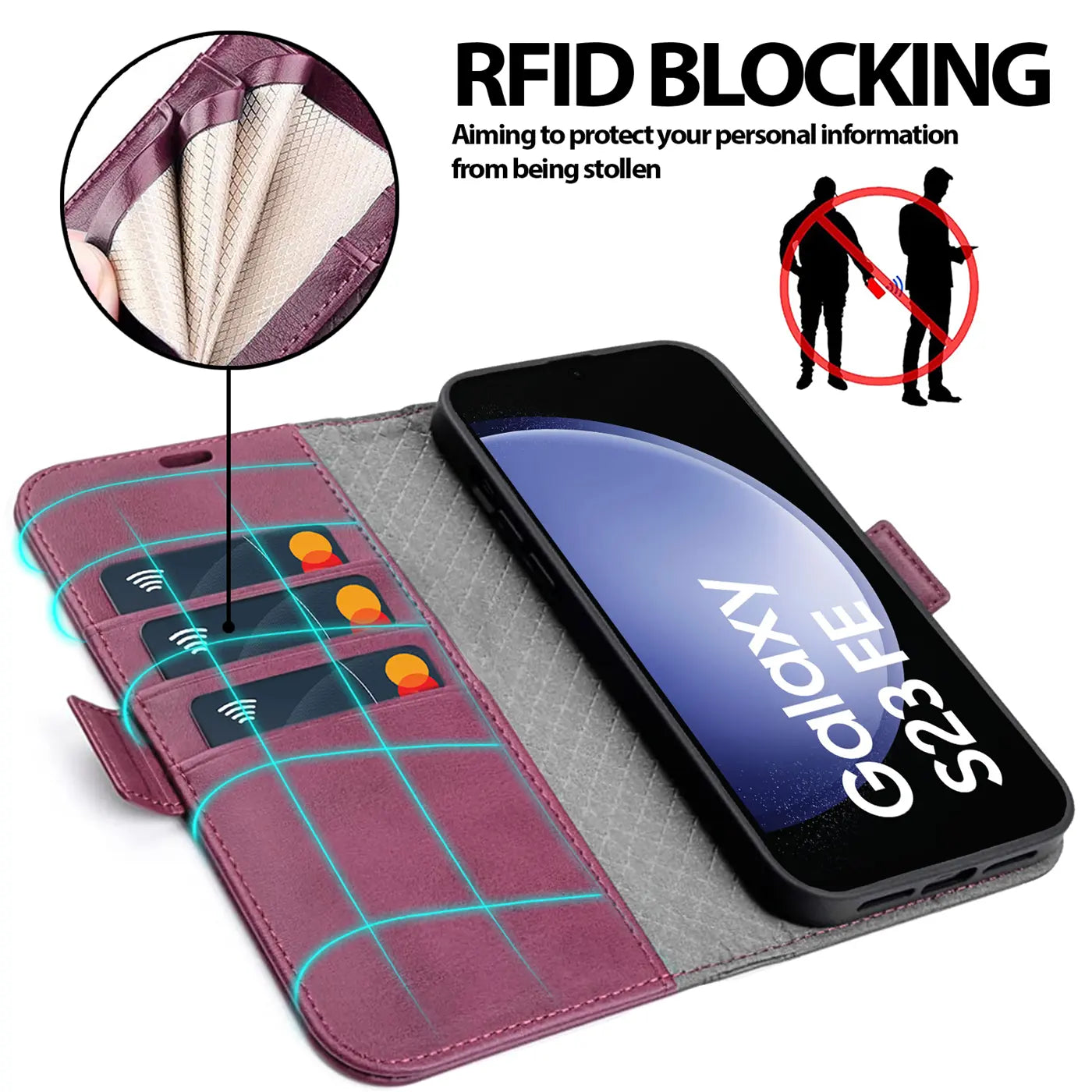 Lila Leder-Klapphülle mit Kartenfächern und Samsung Galaxy S23 FE.
