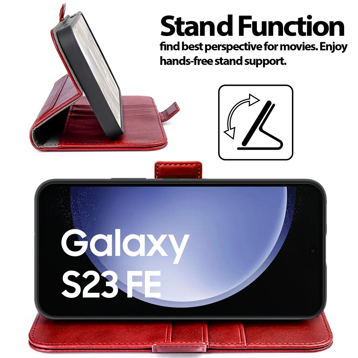 Rote Lederhülle mit Standfunktion für Samsung Galaxy S23 FE, von vorne und von der Seite