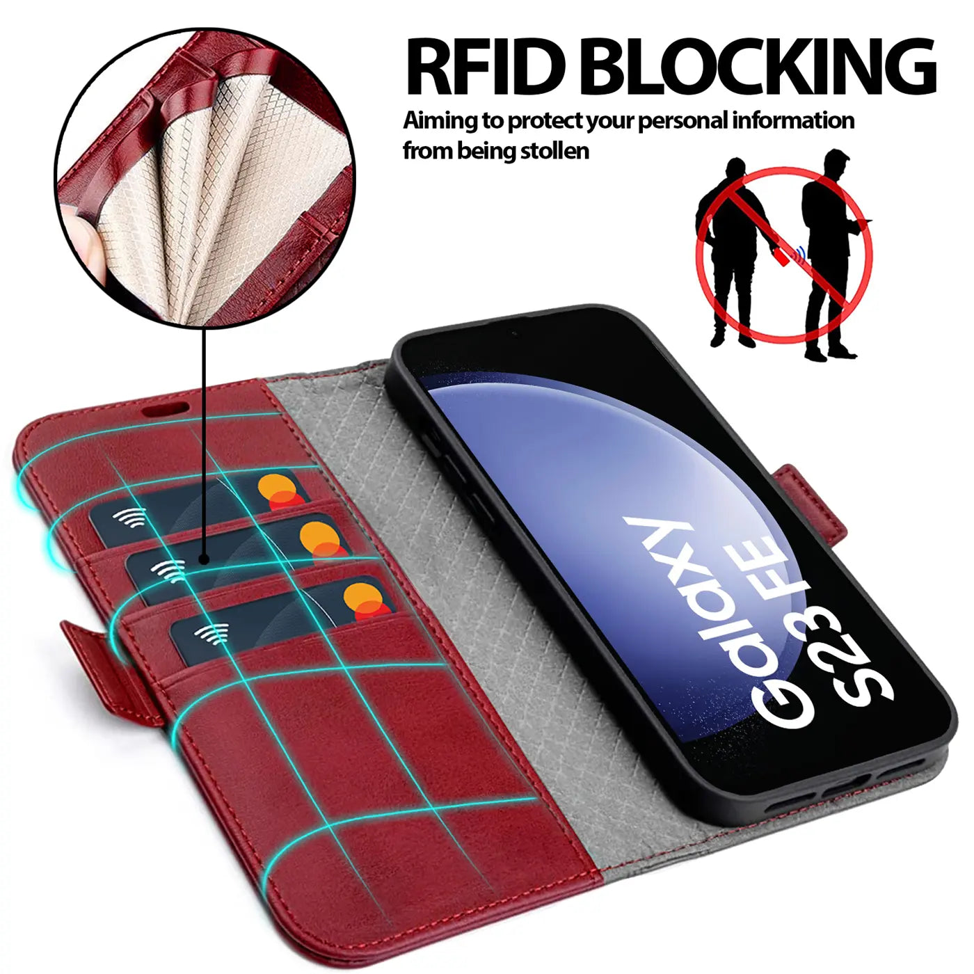 Rote Leder-Klapphülle mit Kartenfächern, zeigt Samsung Galaxy S23 FE.