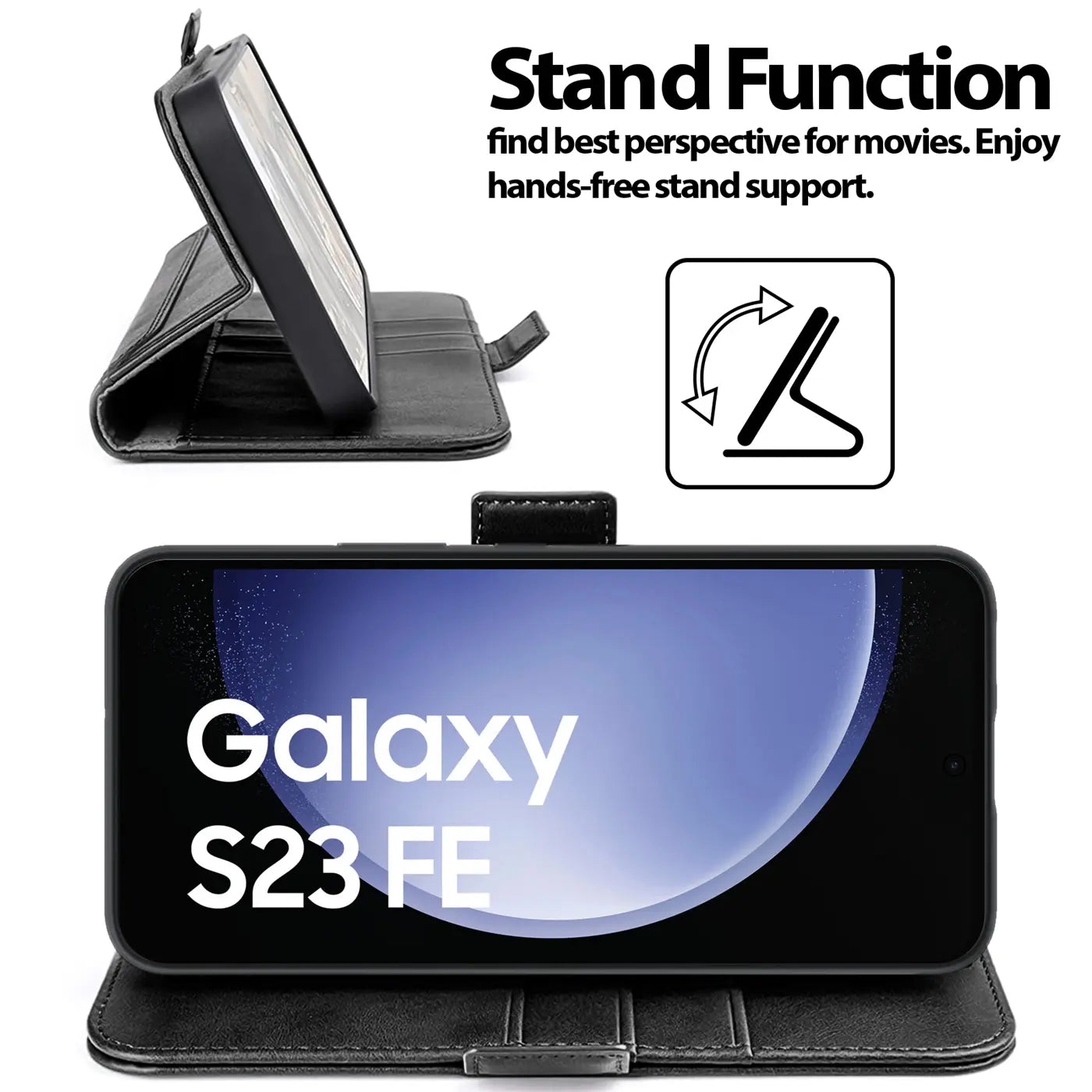 Schwarze Lederhülle mit Standfunktion für Samsung Galaxy S23 FE, von vorne und Seite gezeigt.