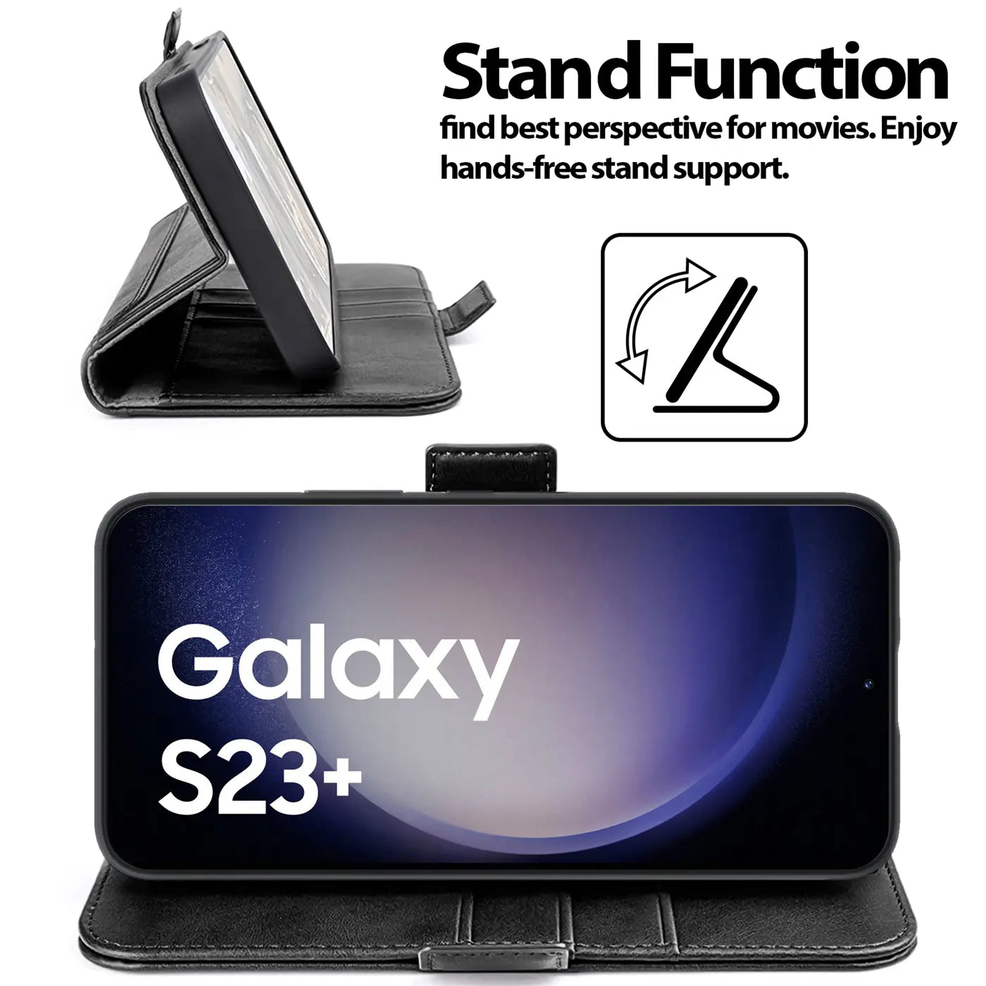 Schwarze Leder-Klapphülle mit Samsung Galaxy S23+ im Querformat, Seitenansicht.