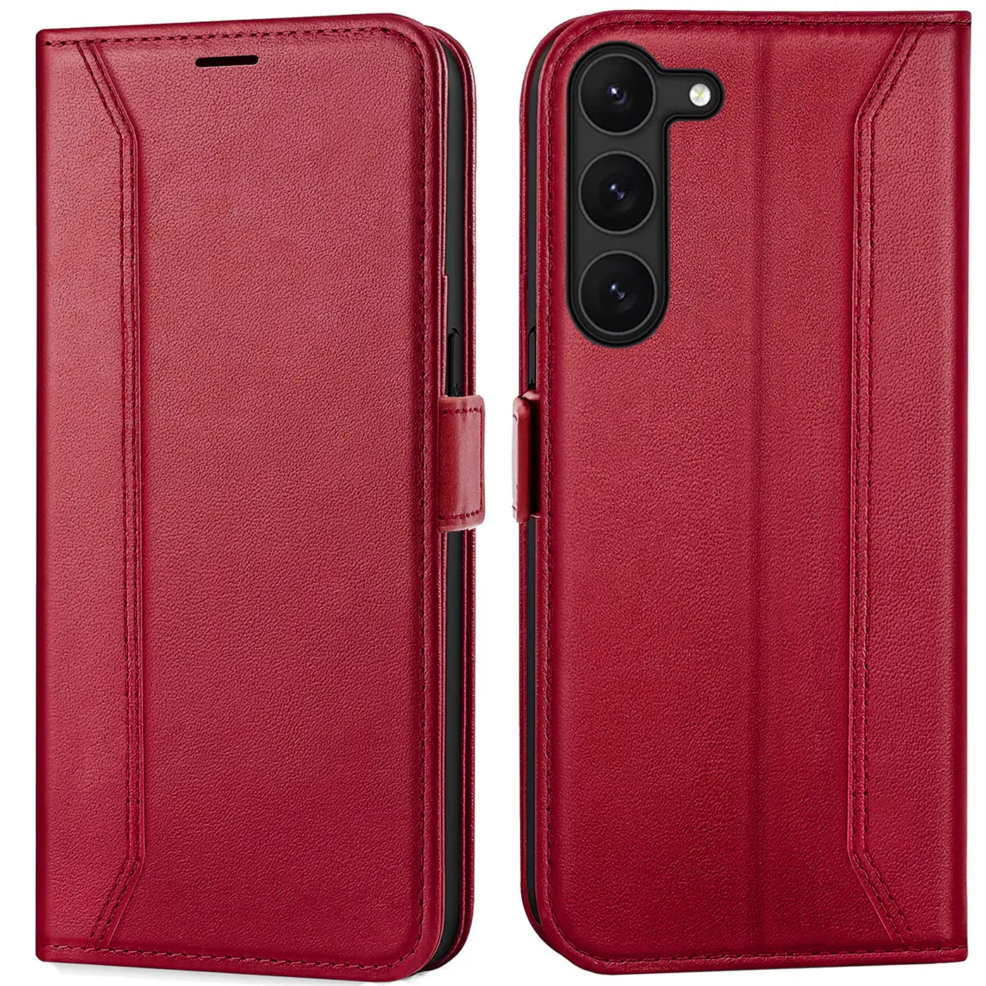 Rote Leder-Klapphülle für Samsung Galaxy S23, Vorder- und Rückansicht.