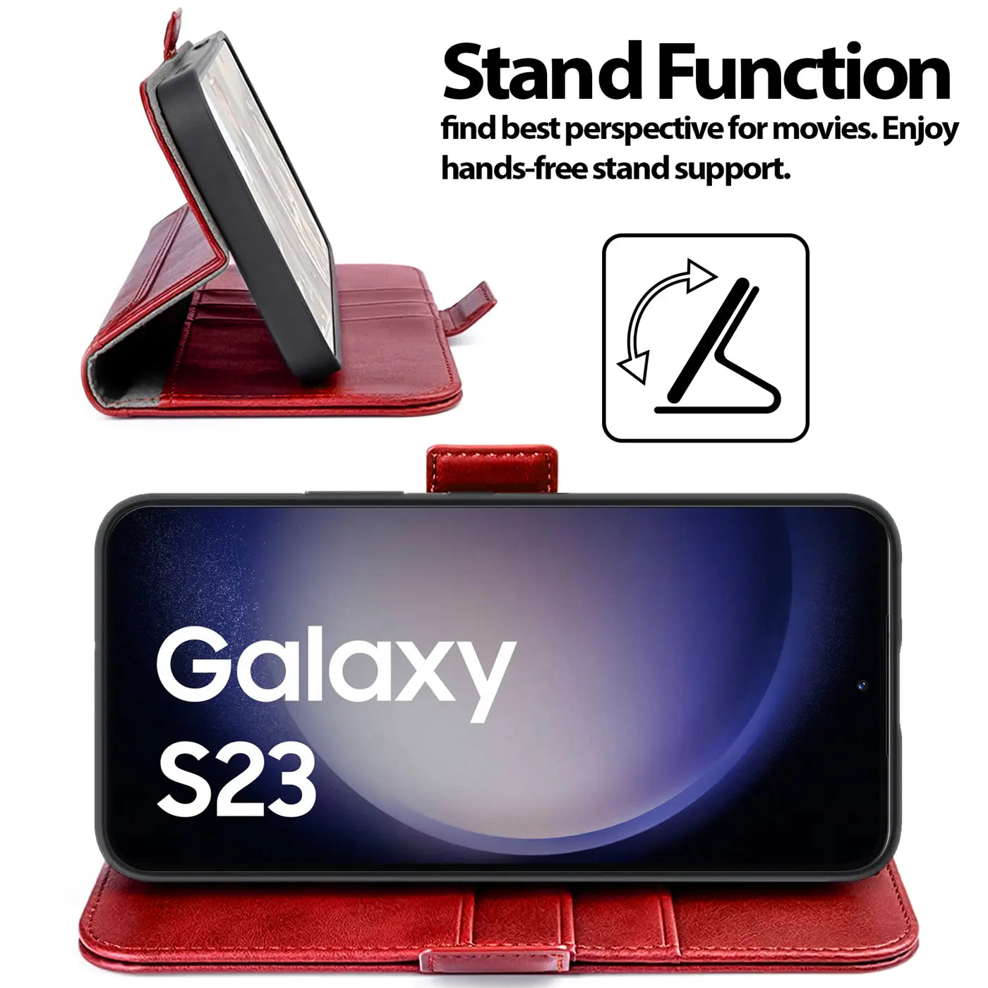 Rote Leder-Klapphülle mit Samsung Galaxy S23, Seitenansicht und Frontansicht.