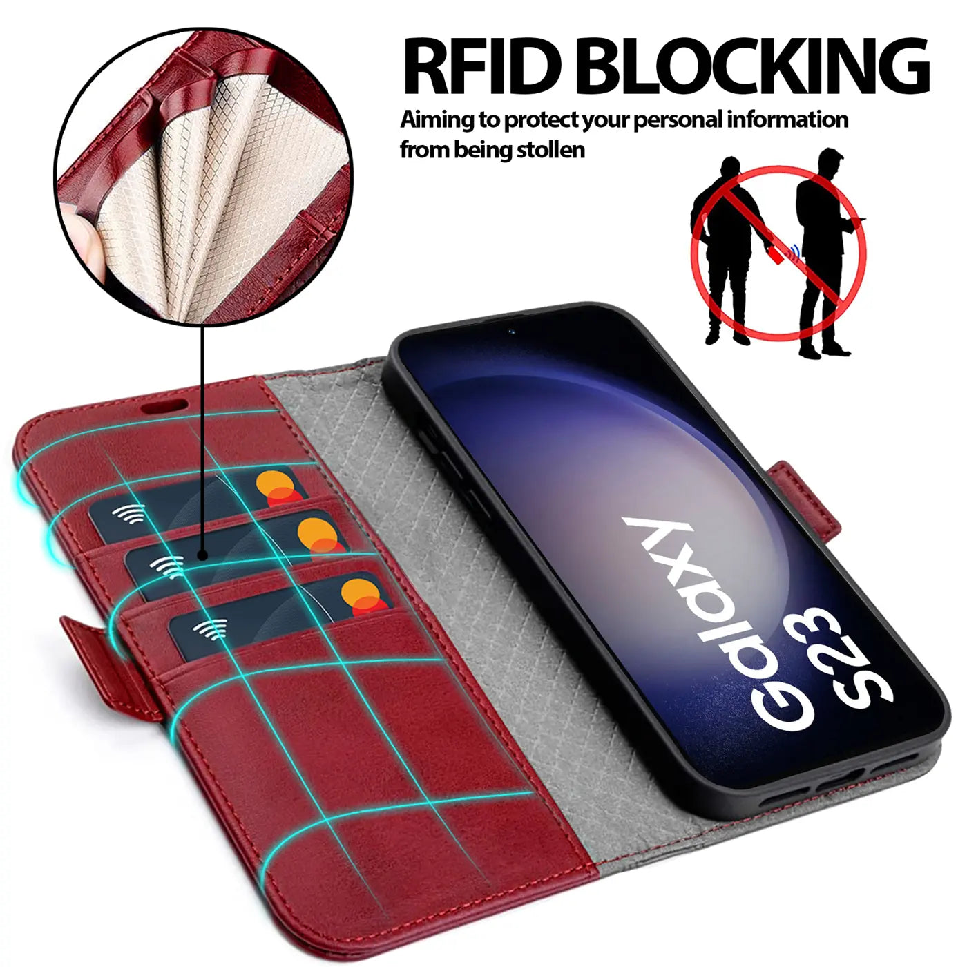Rote Leder-Klapphülle mit Kartenfächern und Samsung Galaxy S23.