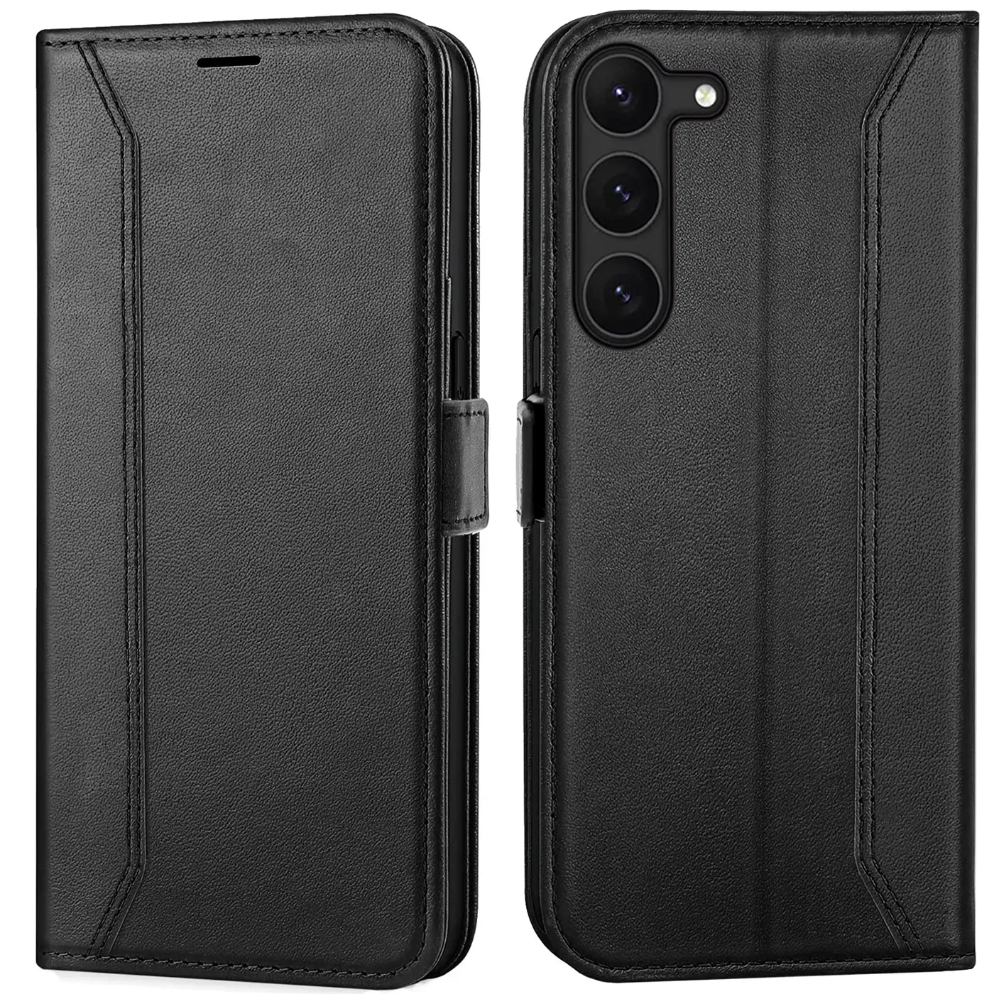 Schwarze Leder-Klapphülle mit RFID-Schutz für Samsung Galaxy S23, Vorder- und Rückansicht.