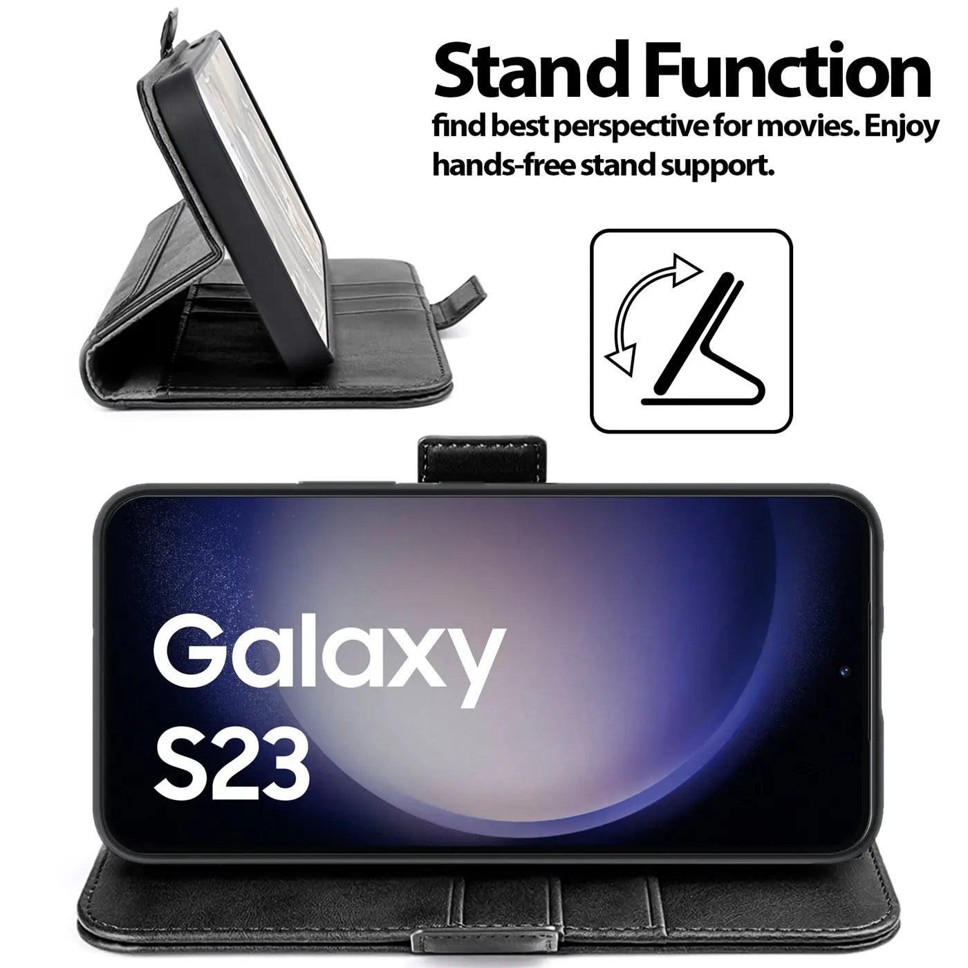 Schwarze Leder-Klapphülle mit Samsung Galaxy S23, Seitenansicht und Frontansicht.