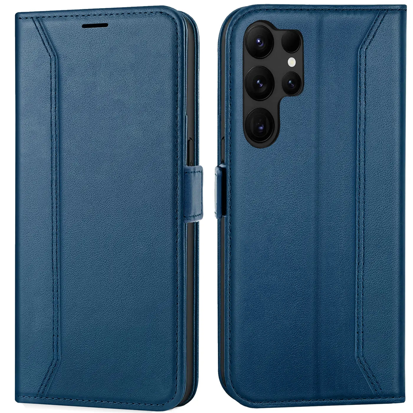 Blaue Leder-Klapphülle, Vorder- und Rückansicht, für Samsung Galaxy S23 Ultra.