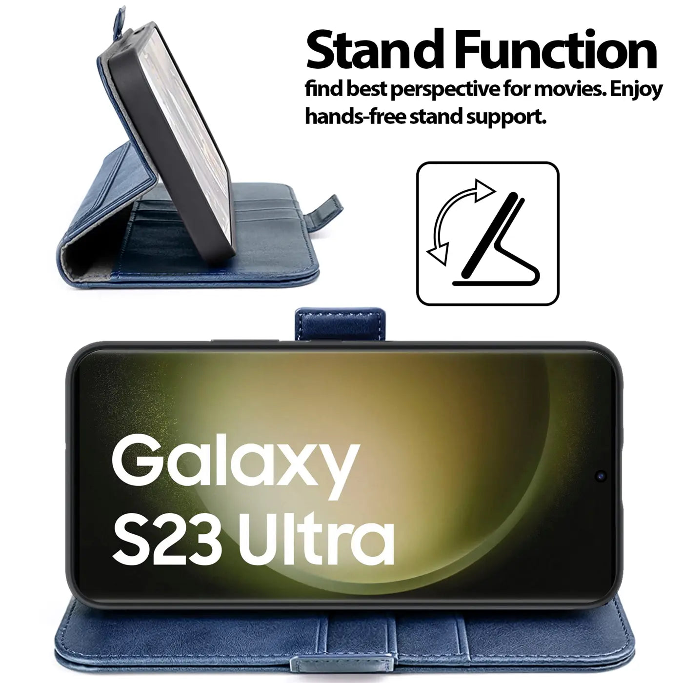 Dunkelblaue Leder-Klapphülle mit aufgestelltem Samsung Galaxy S23 Ultra, Seitenansicht.