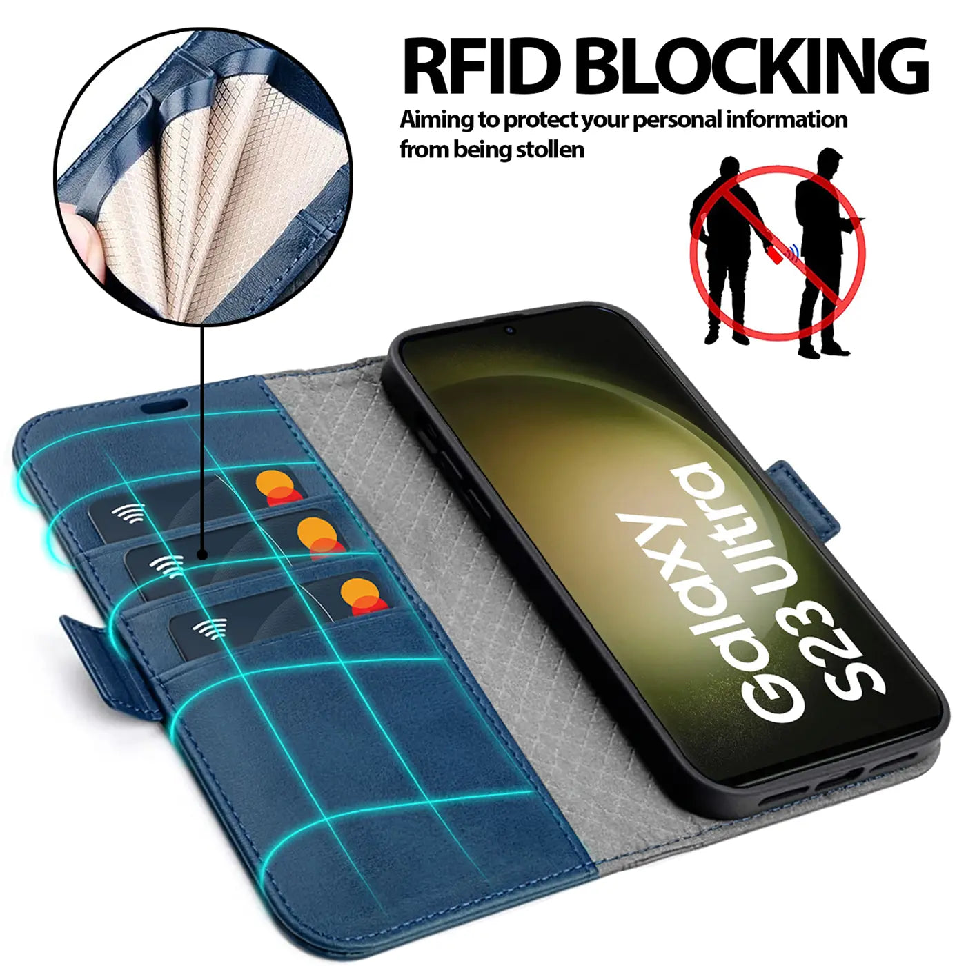 Blaue Leder-Klapphülle mit Kartenfächern und Samsung S23 Ultra, von oben schräg.