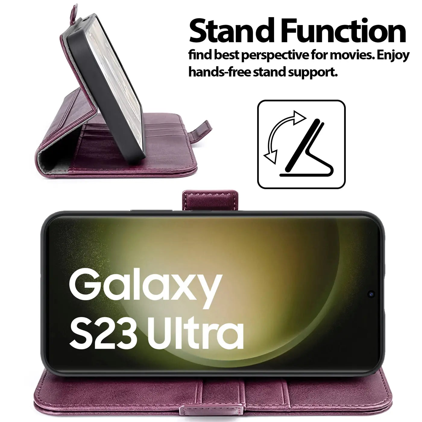 Lila Leder-Klapphülle mit Standfunktion für Samsung Galaxy S23 Ultra, von vorne und Seite