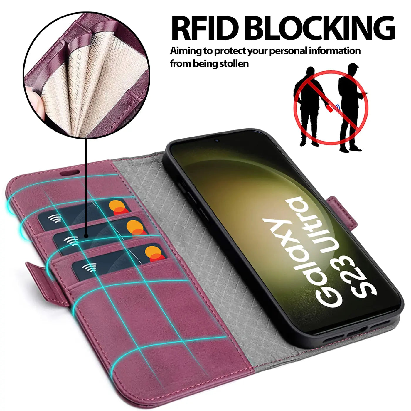 Lila Leder Klapphülle mit Kartenfächern, Samsung Galaxy S23 Ultra, von oben links