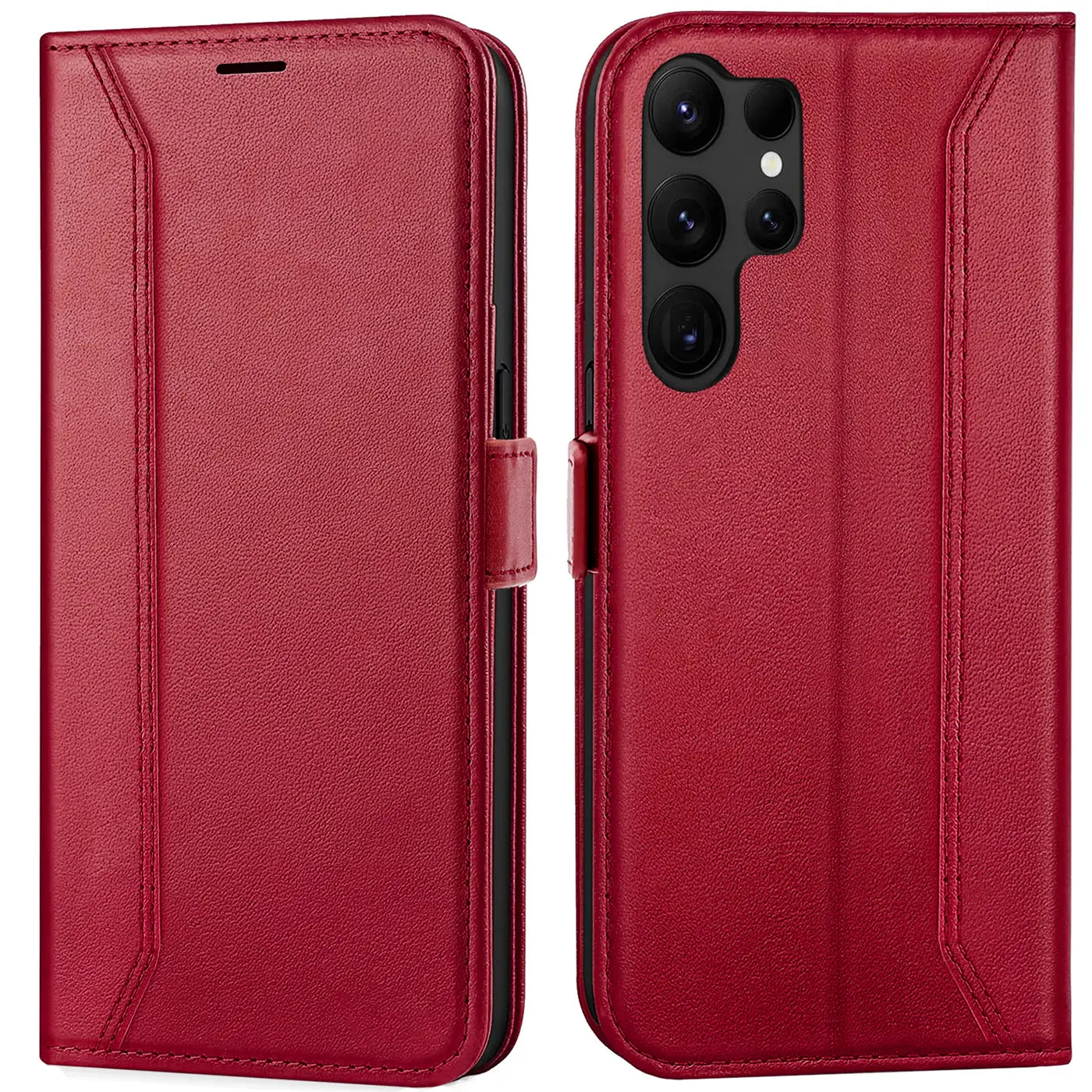 Rote Leder-Klapphülle für Samsung Galaxy S23 Ultra, Vorder- und Rückansicht