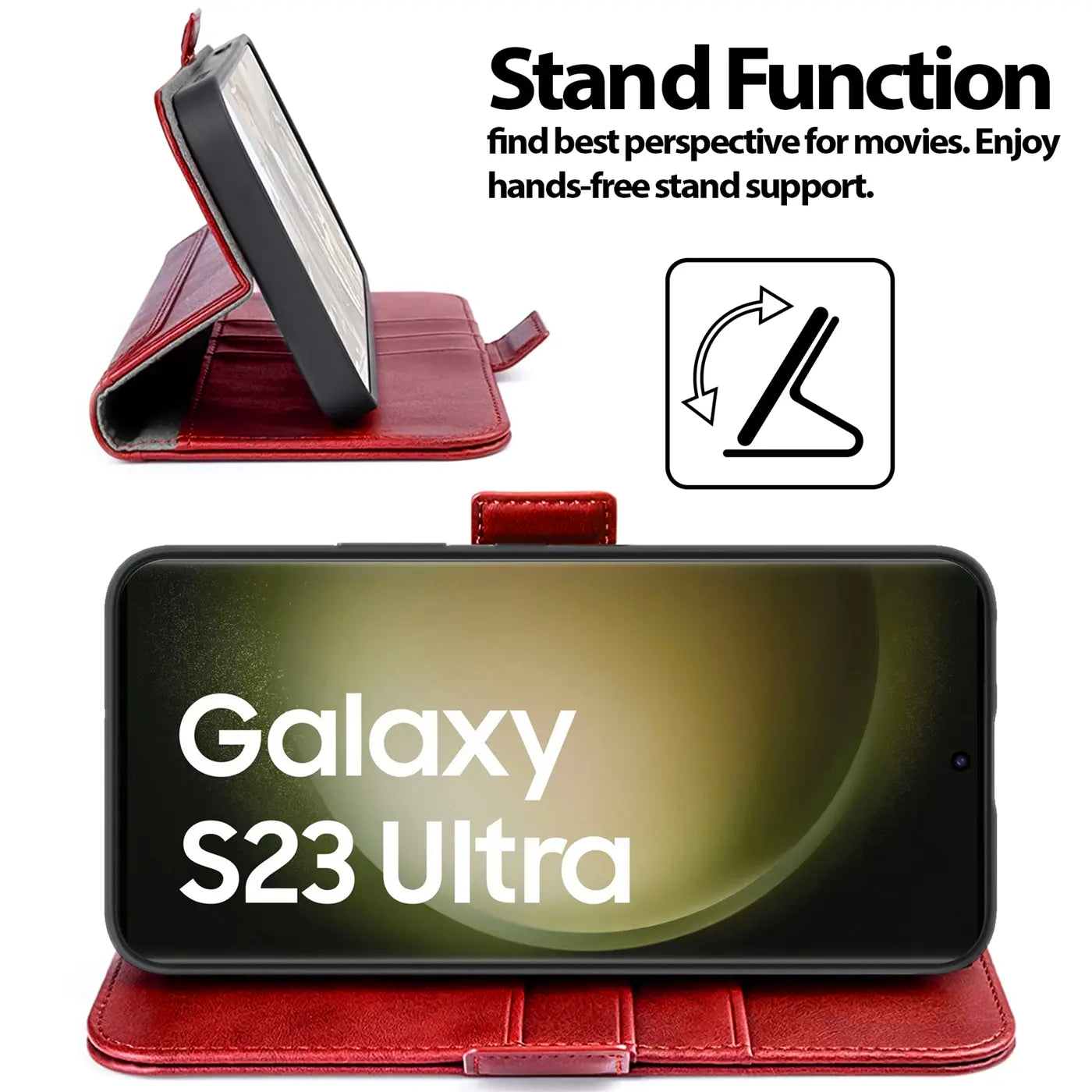 Rote Leder-Klapphülle für Samsung Galaxy S23 Ultra, von vorne und schräg gezeigt.