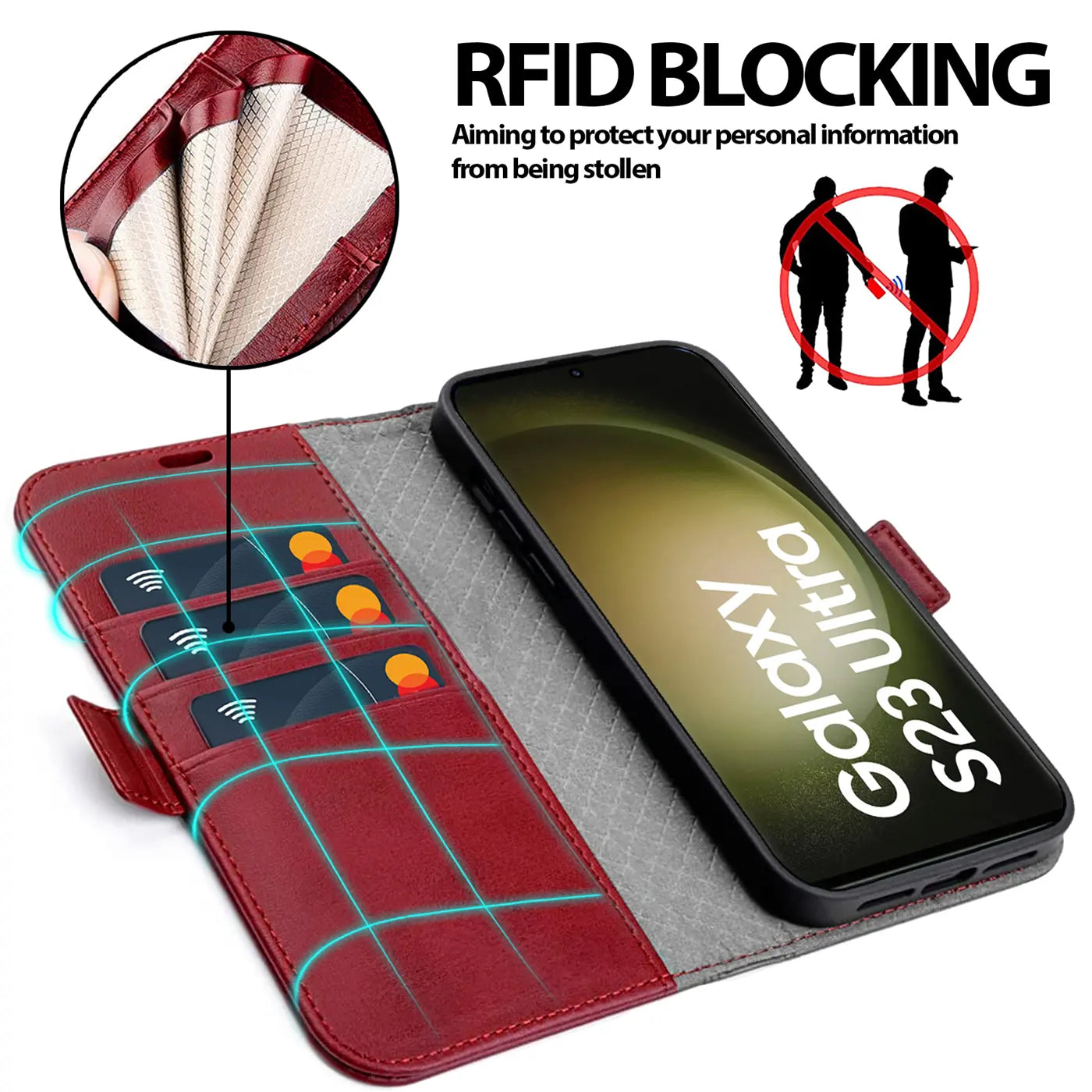 Rote Leder-Klapphülle mit Kartenfächern, Samsung Galaxy S23 Ultra, aus der Vogelperspektive.