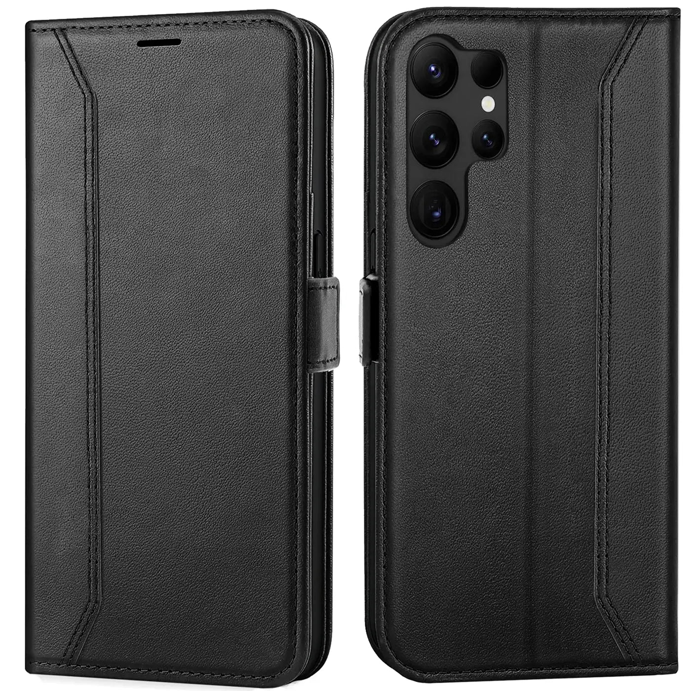 Schwarze Leder-Klapphülle mit RFID-Schutz für Samsung Galaxy S23 Ultra, Vorder- und Rückansicht.