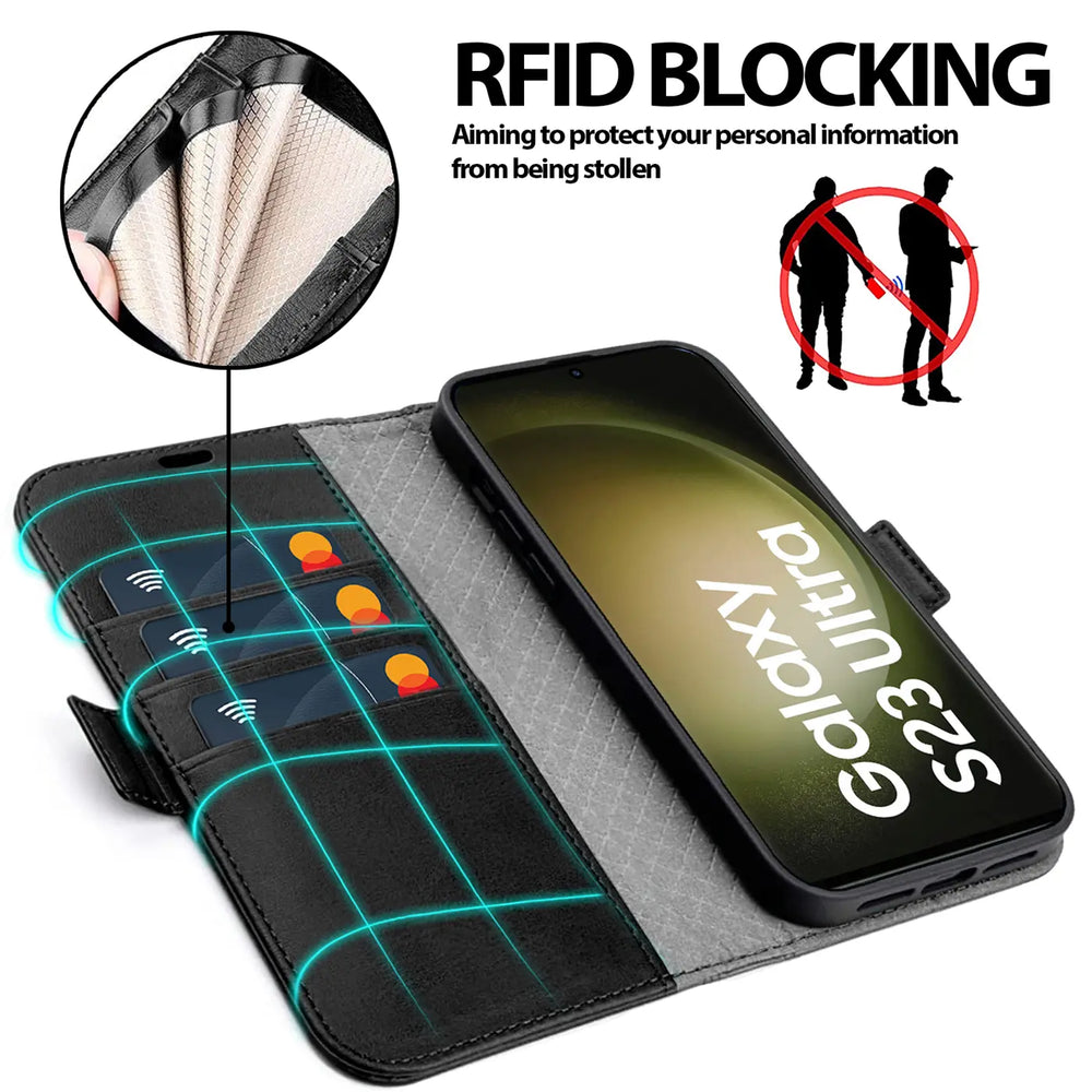 Samsung Galaxy S23 Ultra Klapphülle im Lederlook mit RFID Block in Schwarz