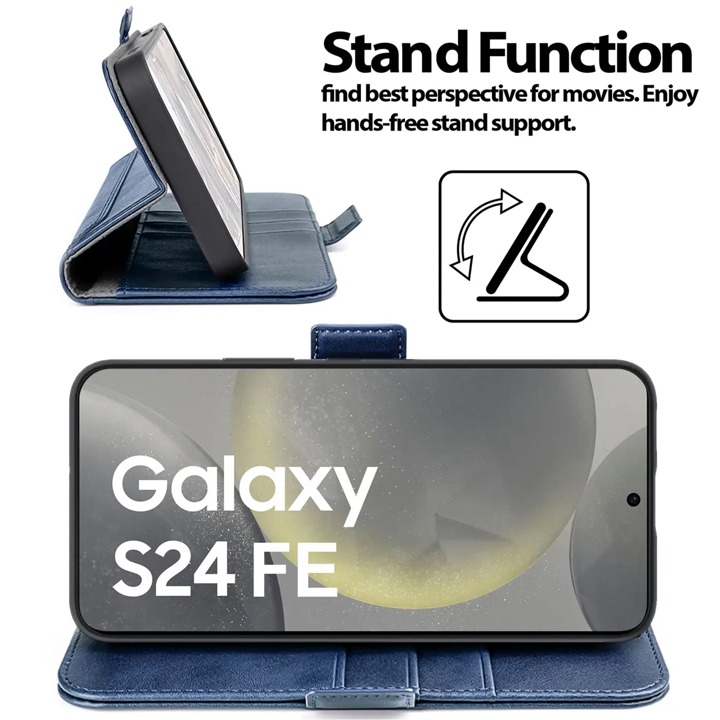 Blaue Kunstleder-Hülle, seitliche Ansicht, Samsung Galaxy S24 FE im Querformat.