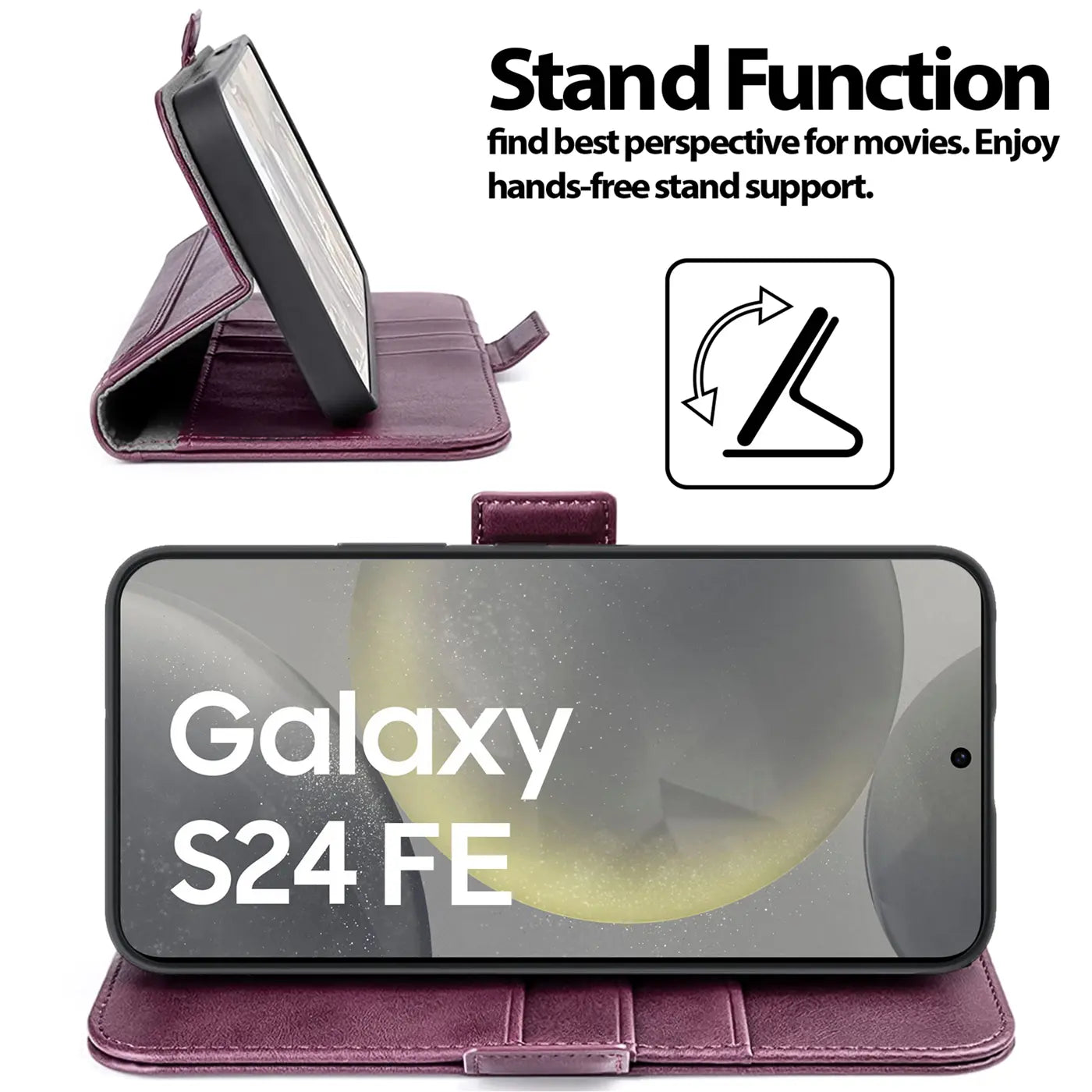 Dunkelrote Leder-Klapphülle im Querformat, zeigt Samsung Galaxy S24 FE mit Standfunktion.
