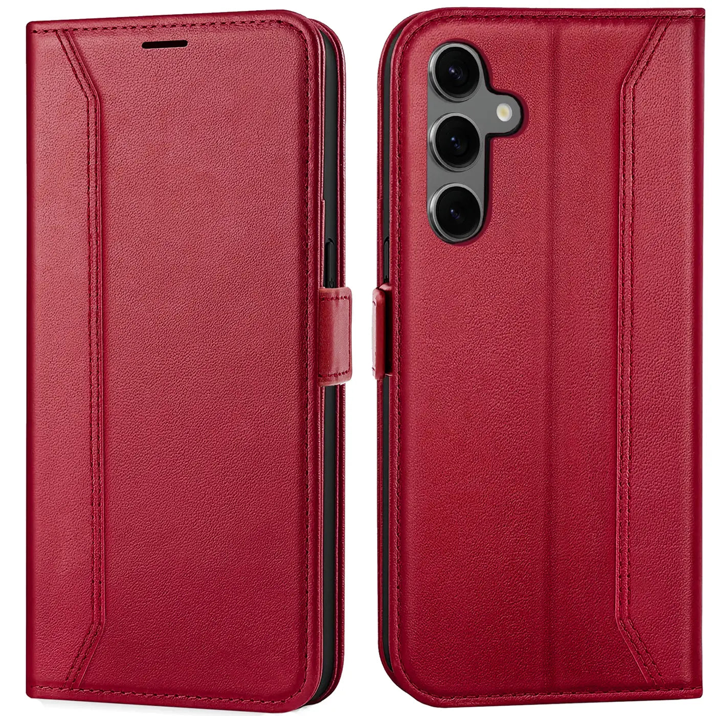 Rote Leder-Klapphülle mit RFID-Schutz, Vorder- und Rückansicht, für Samsung Galaxy S24 FE.