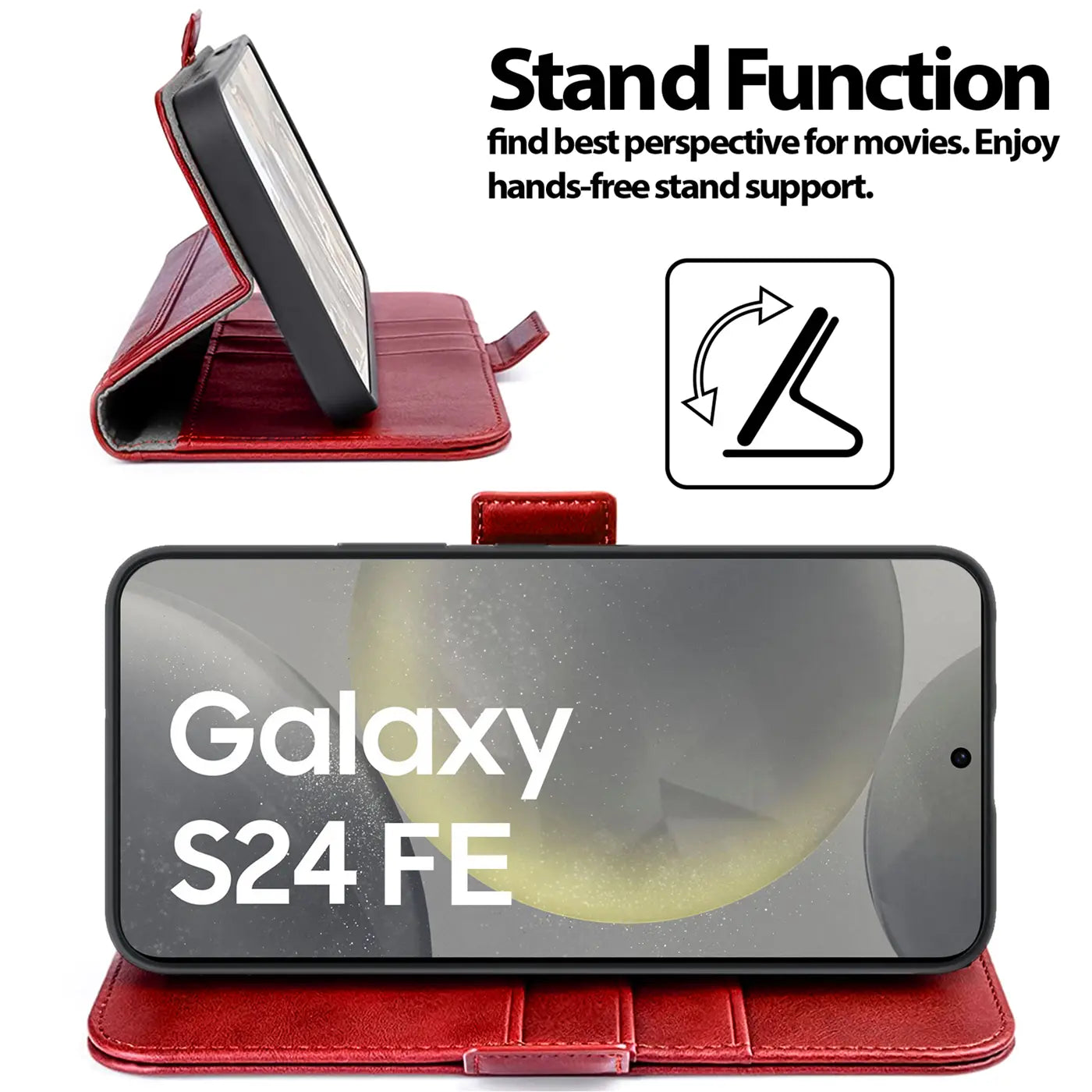 Rote Lederhülle mit Standfunktion für Samsung Galaxy S24 FE, Seitenansicht und Frontansicht.