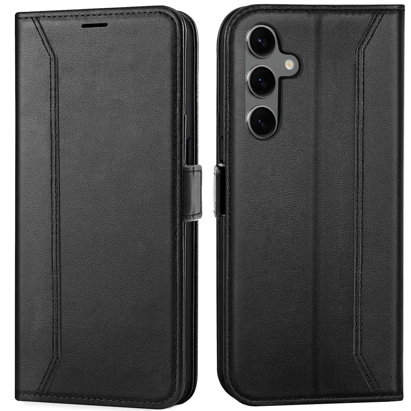 Schwarze Leder-Klapphülle für Samsung Galaxy S24 FE, von vorne und hinten gezeigt.