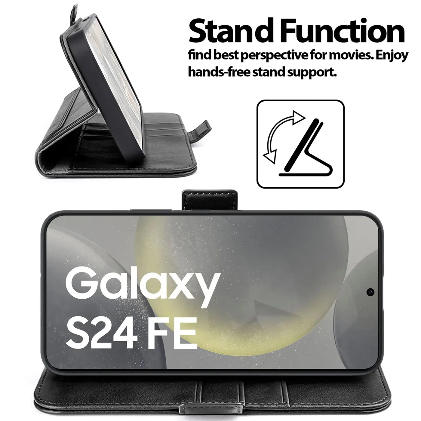 Schwarze Leder Klapphülle mit Ständerfunktion für Samsung Galaxy S24 FE, Seitenansicht.
